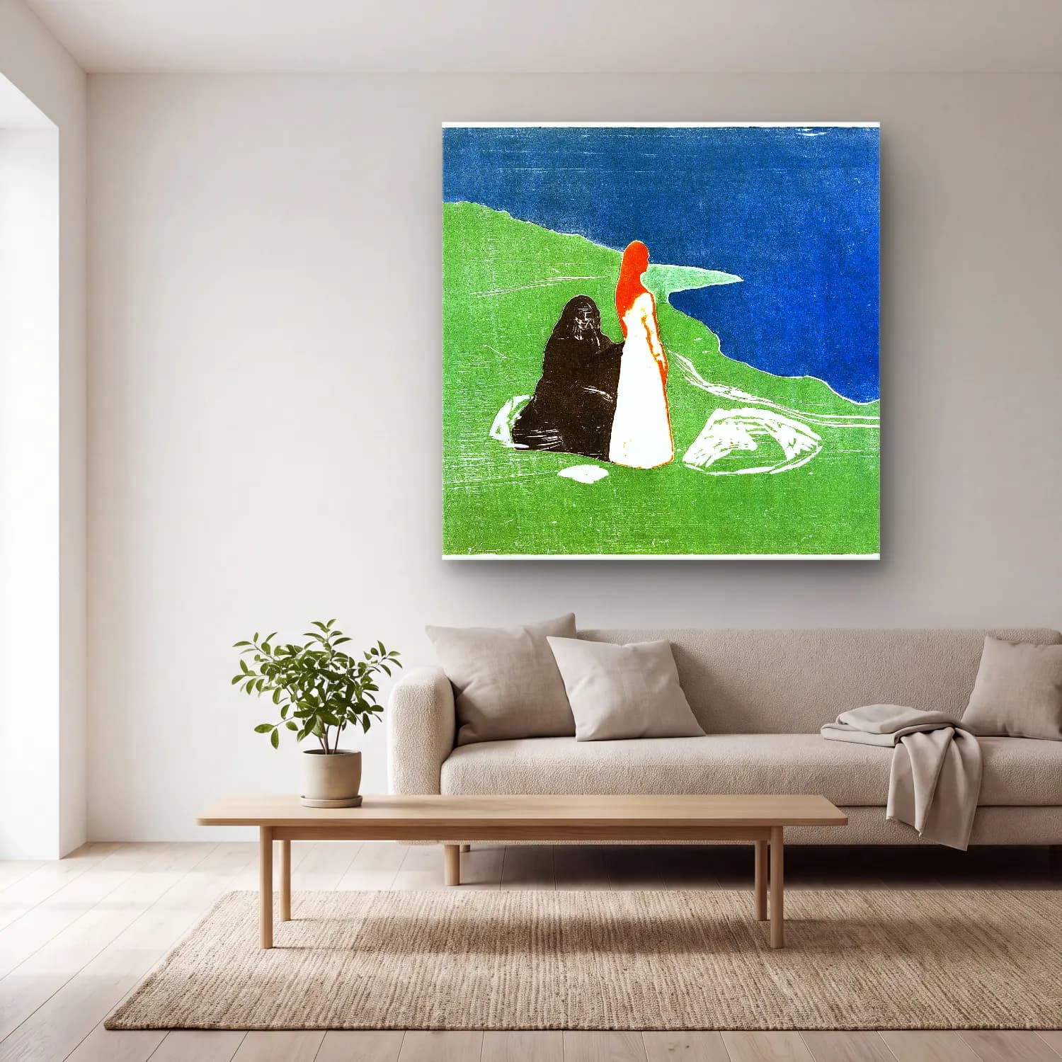 Edvard Munch – Two Women on the Shore – Yeşil Tonlar cam tablo — açık renk salonda