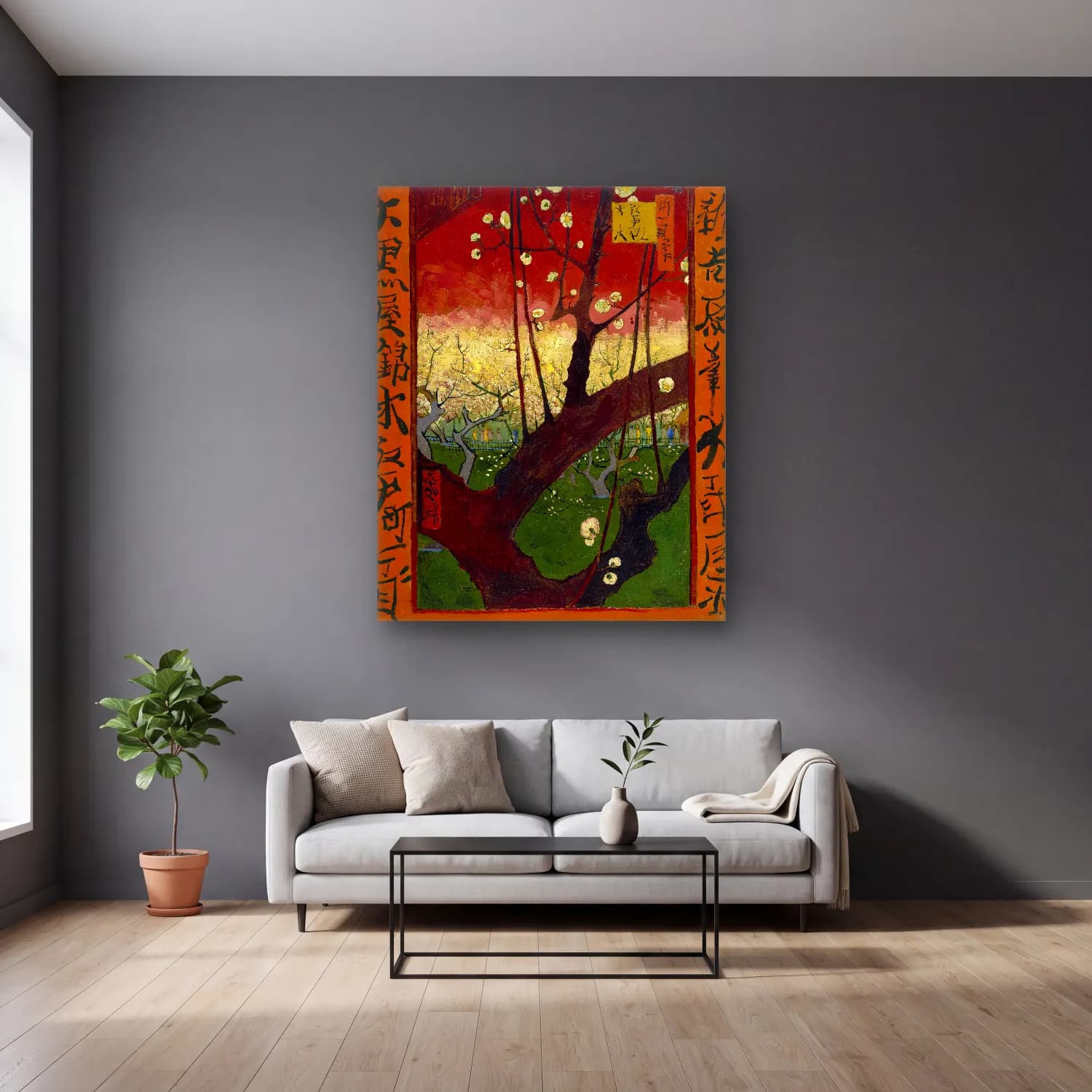 Vincent van Gogh – Bloeiende pruimenboomgaard- naar Hiroshige cam tablo — gri duvarlı salonda