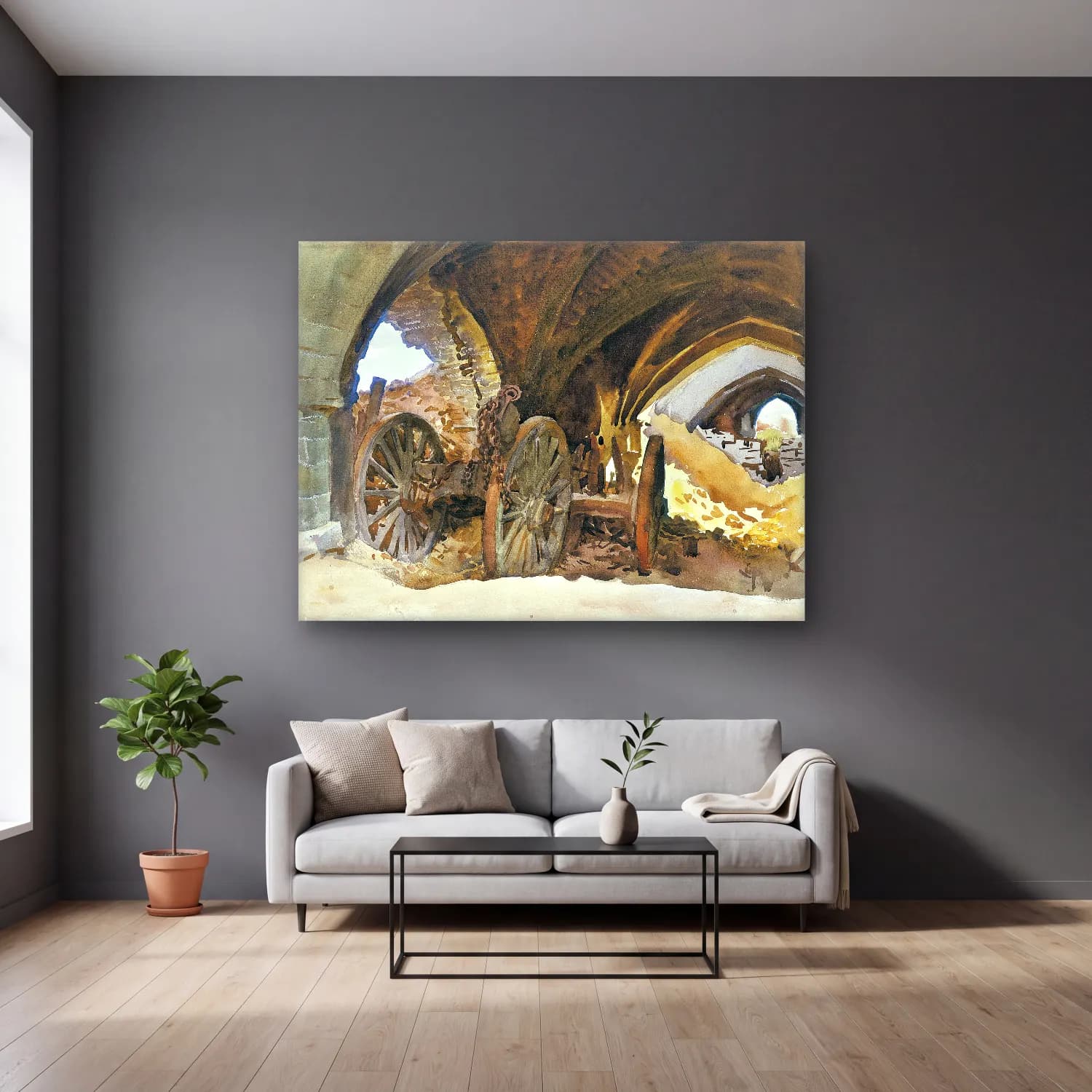 John Singer Sargent – Wheels in Vault – Bej Tonlar cam tablo — gri duvarlı salonda