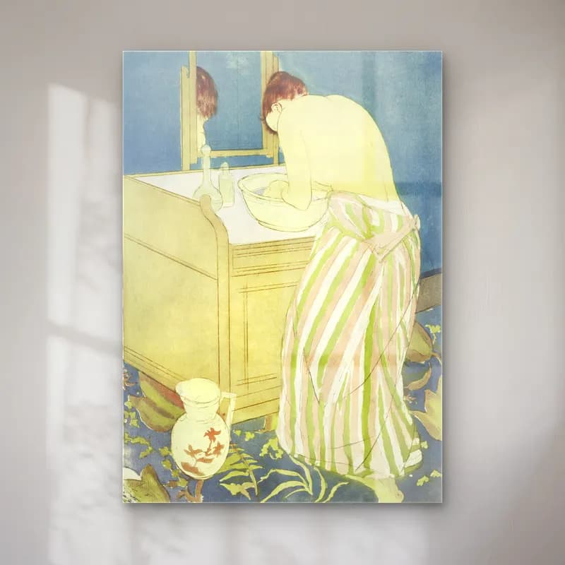 Mary Cassatt – Woman Bathing – Bej Tonlar cam tablo — Mary Cassatt – Woman Bathing – Bej Tonlar — vintage elbiseli kadın