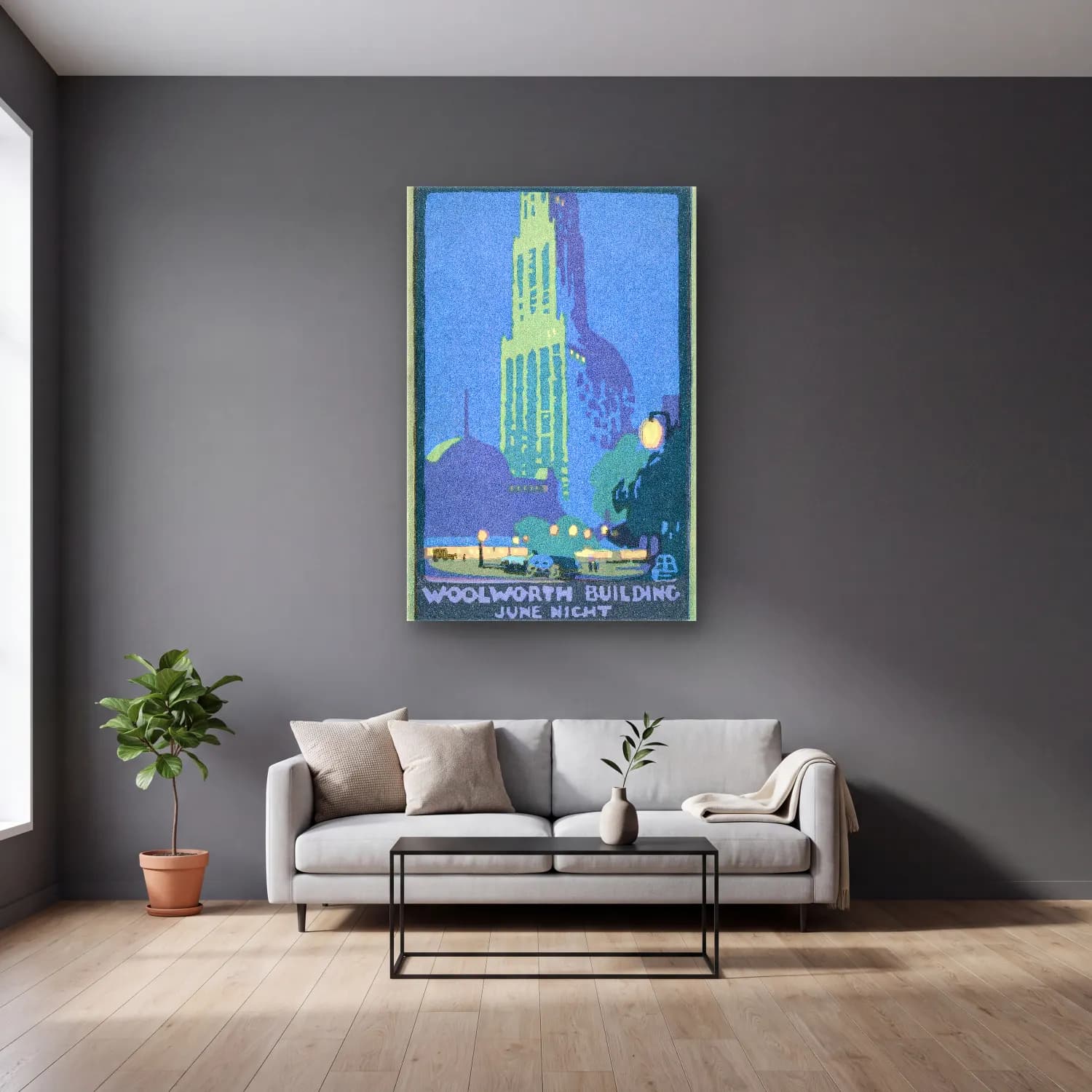 Robinson Elmer – Woolworth Building June Night from Postcards New York… cam tablo — gri duvarlı salonda
