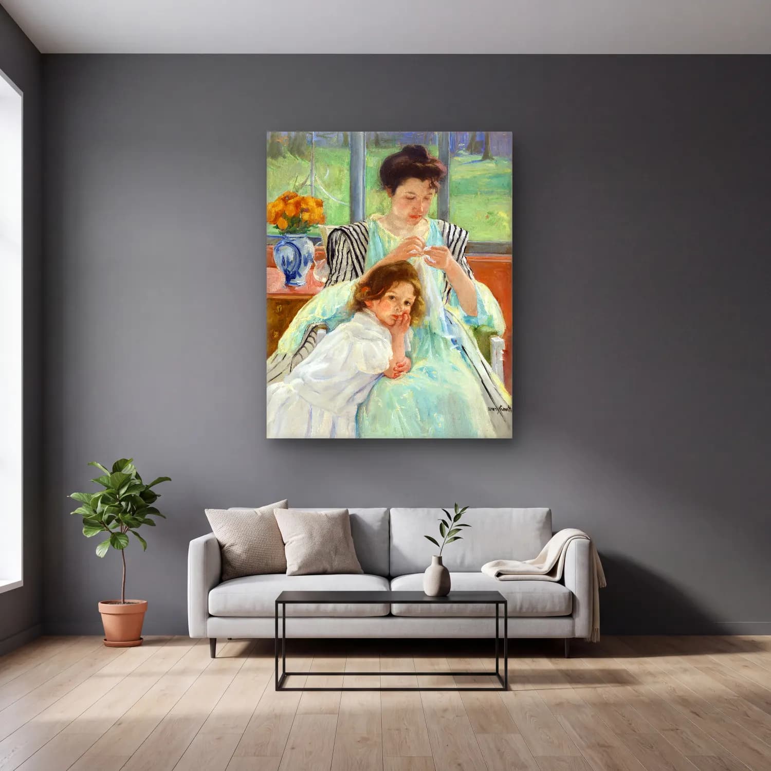 Mary Cassatt – Young Mother Sewing cam tablo — gri duvarlı salonda