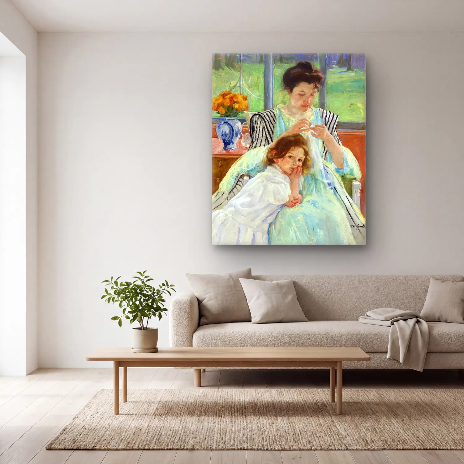 Mary Cassatt – Young Mother Sewing cam tablo — açık renk salonda