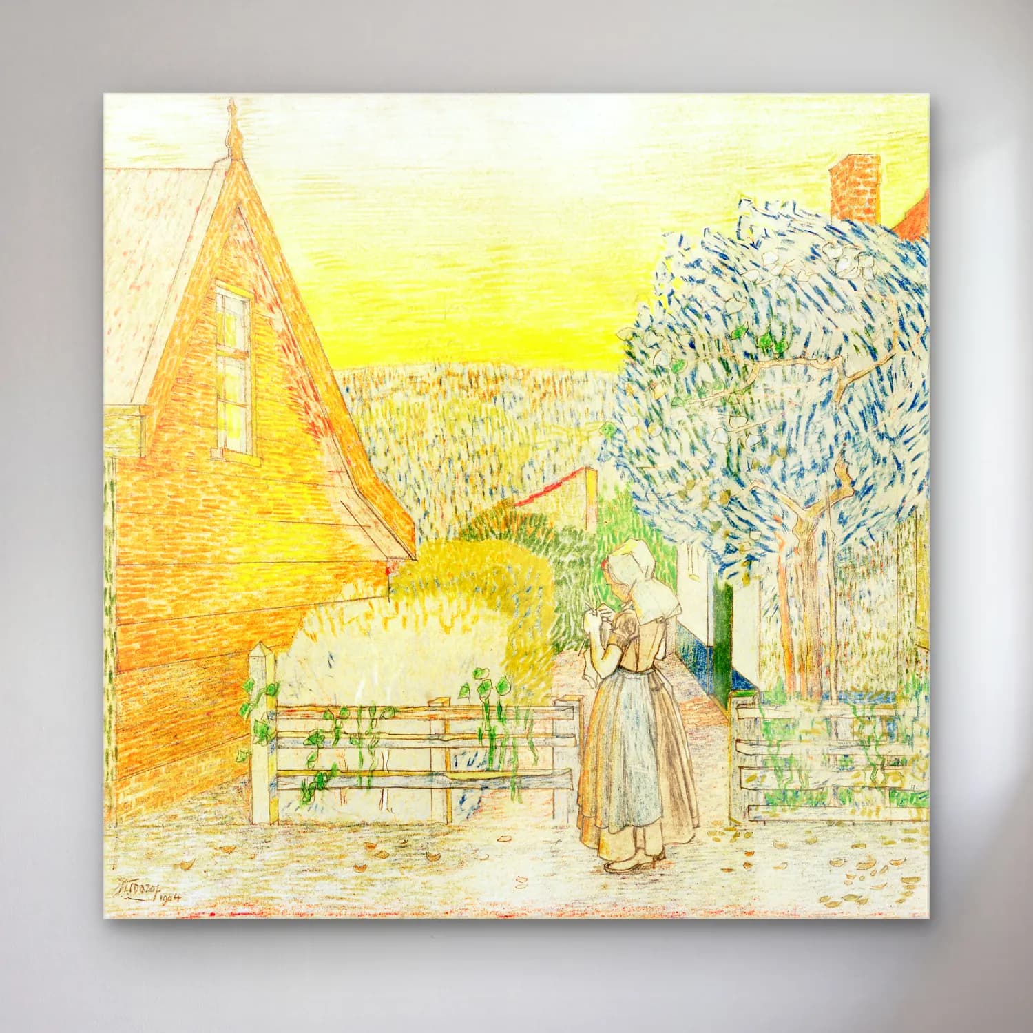 Jan Toorop – Zeeland girl, knitting in a courtyard cam tablo — Jan Toorop – Zeeland girl, knitting in a courtyard — vintage köy sokağı