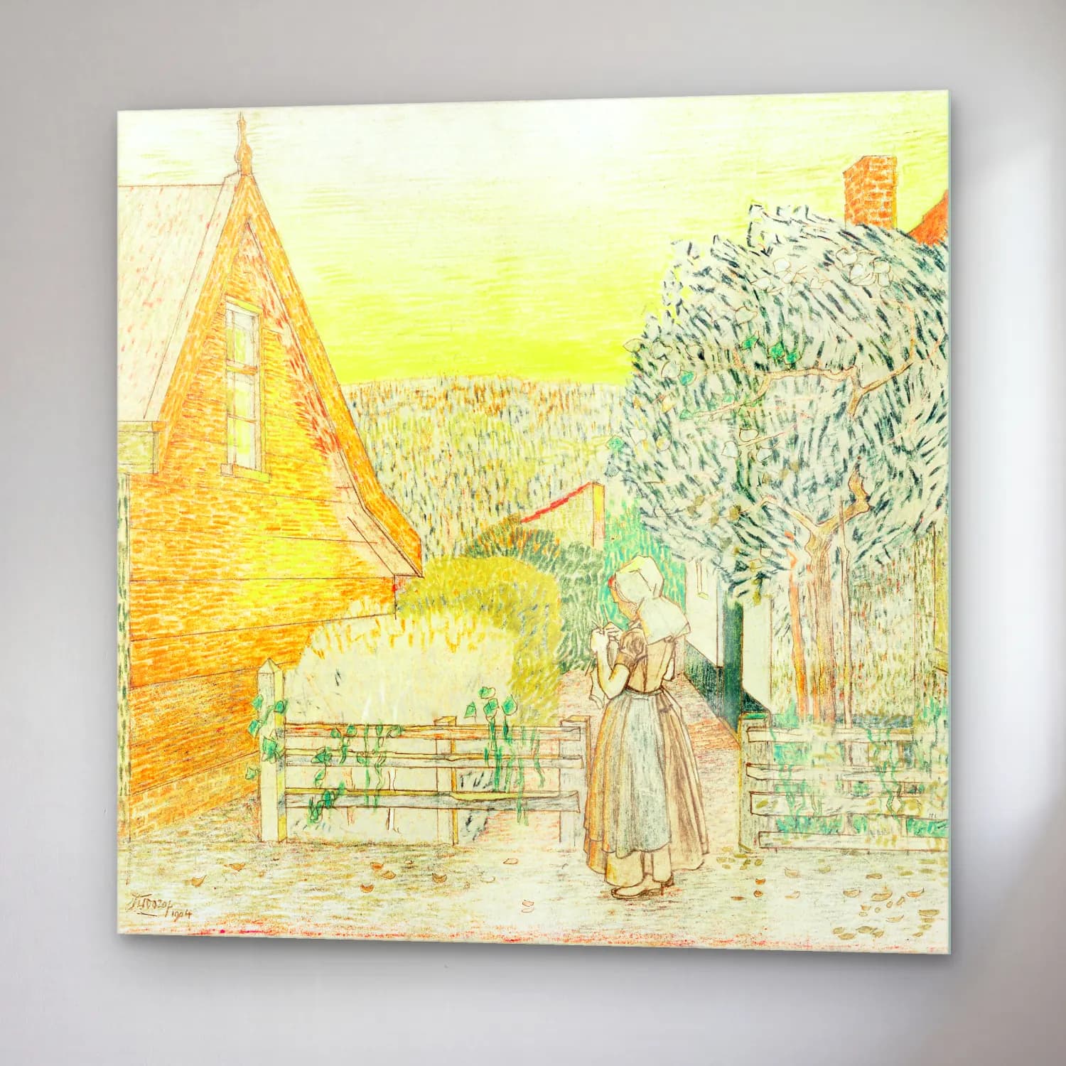 Jan Toorop – Zeeland girl, knitting in a courtyard cam tablo — sağ açıdan görünüm
