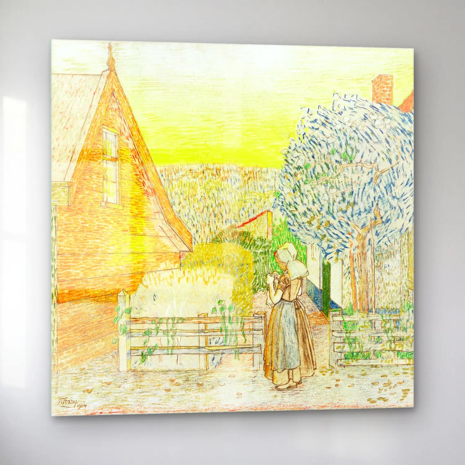 Jan Toorop – Zeeland girl, knitting in a courtyard cam tablo — sol açıdan görünüm