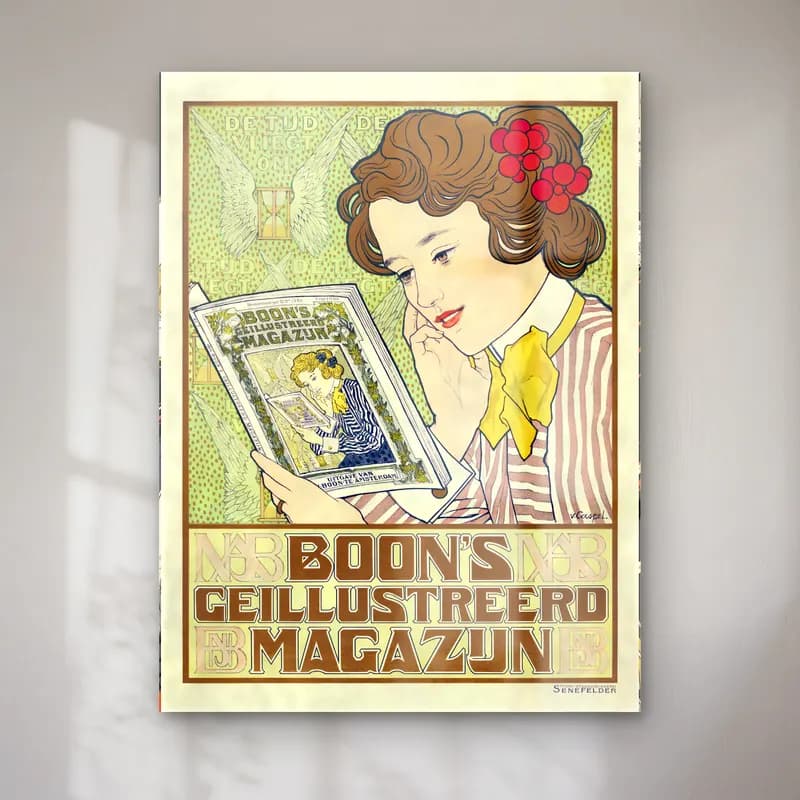 Johann Georg van Caspel – Affiche voor Boon s Geïllustreerd Magazijn cam tablo — Johann Georg van Caspel – Affiche voor Boon s Geïllustreerd Magazijn — vintage poster kitap okuyan kadın