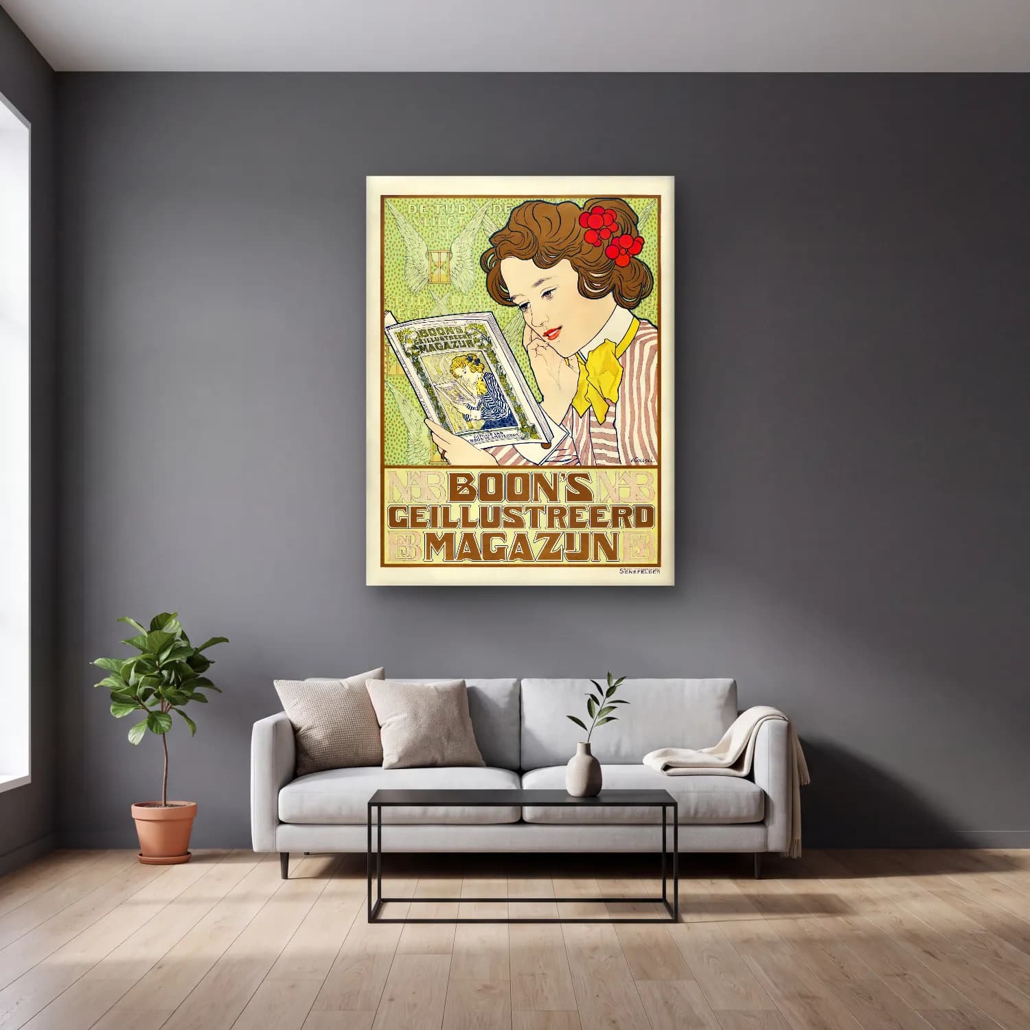 Johann Georg van Caspel – Affiche voor Boon s Geïllustreerd Magazijn cam tablo — gri duvarlı salonda