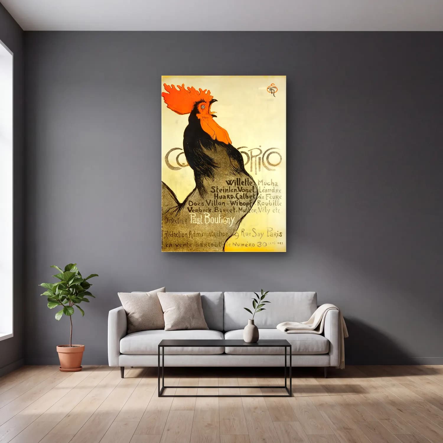 Vintage Poster Horoz cam tablo — gri duvarlı salonda