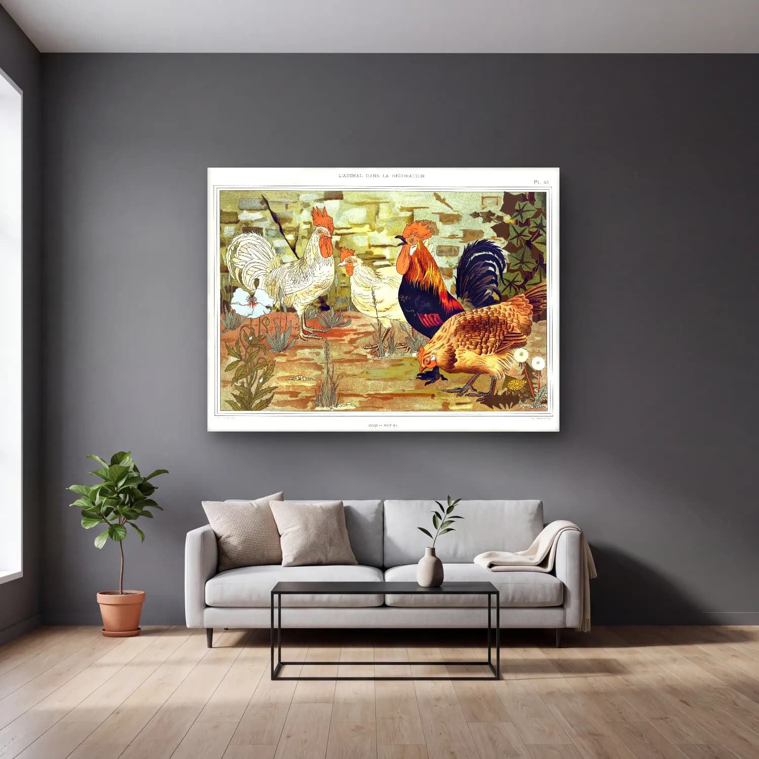 Maurice Pillard Verneuil – Coqs et poules from L animal dans la décoration illustrated cam tablo — gri duvarlı salonda