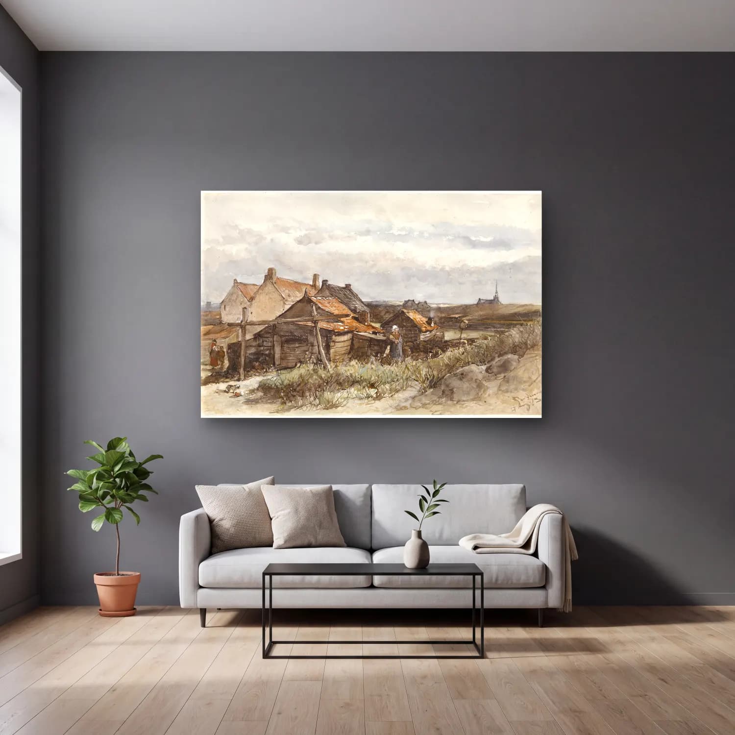 Suluboya Kır Evi No. 35 cam tablo — gri duvarlı salonda