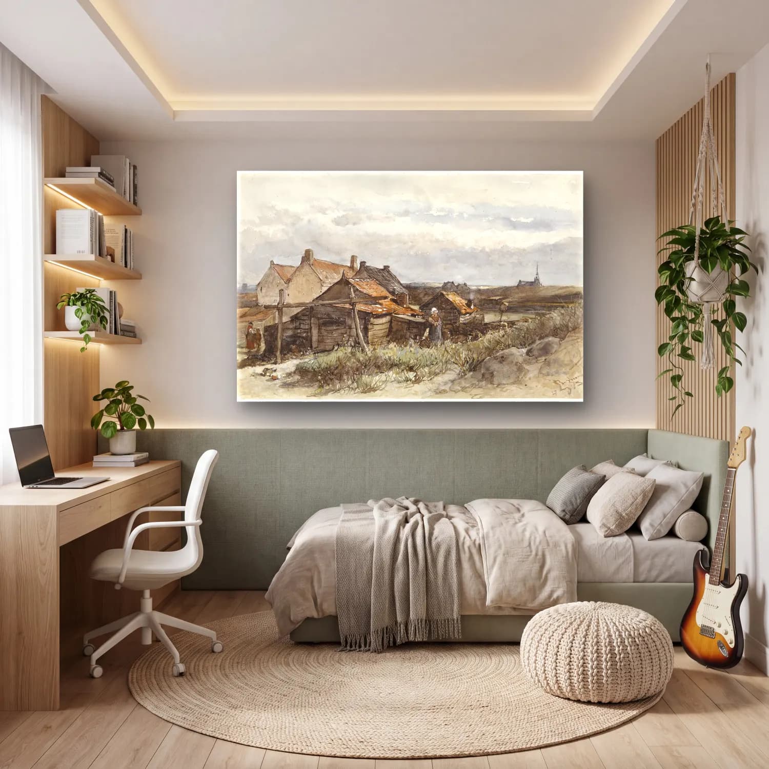 Suluboya Kır Evi No. 35 cam tablo — genç odasında