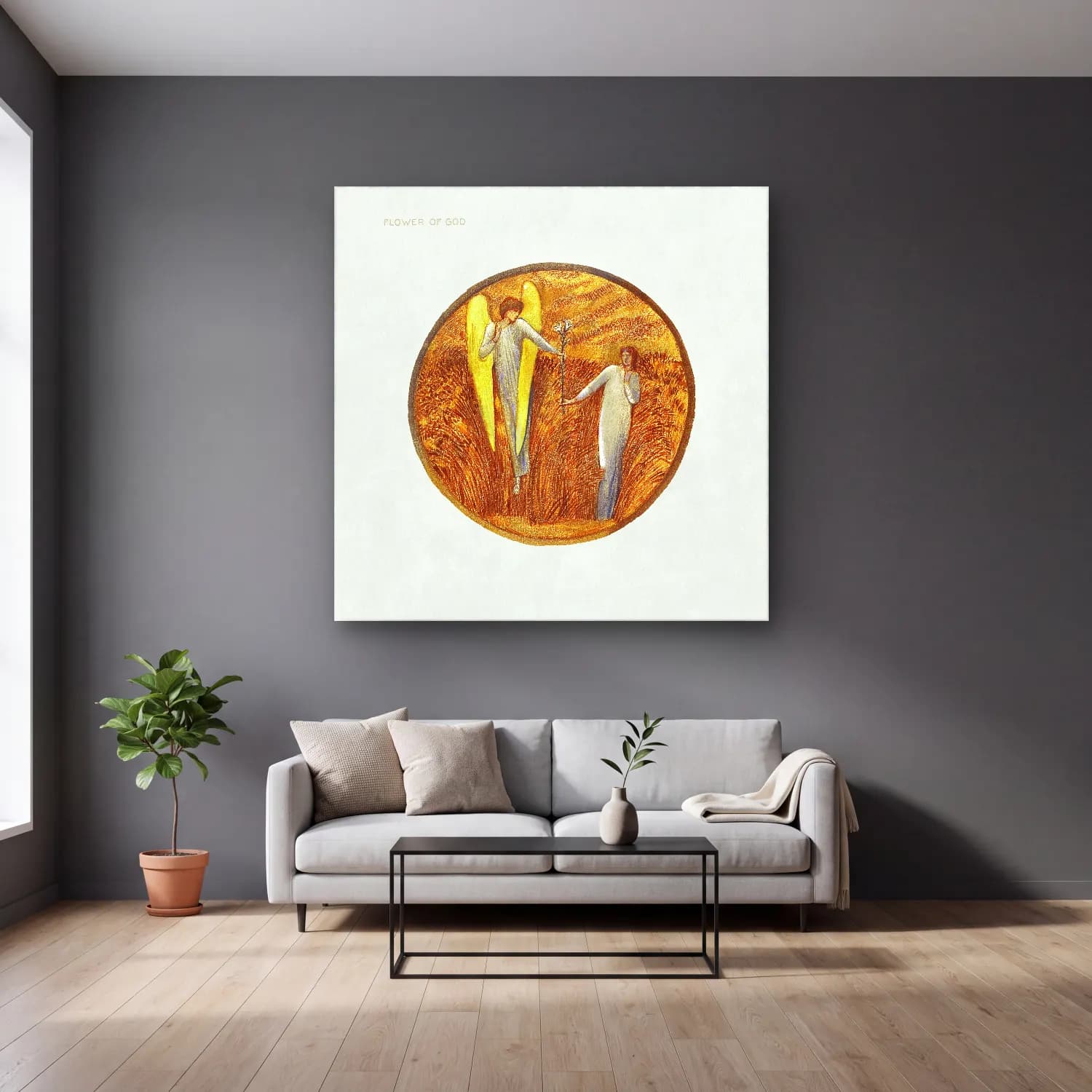 Vintage Melek No. 12 cam tablo — gri duvarlı salonda