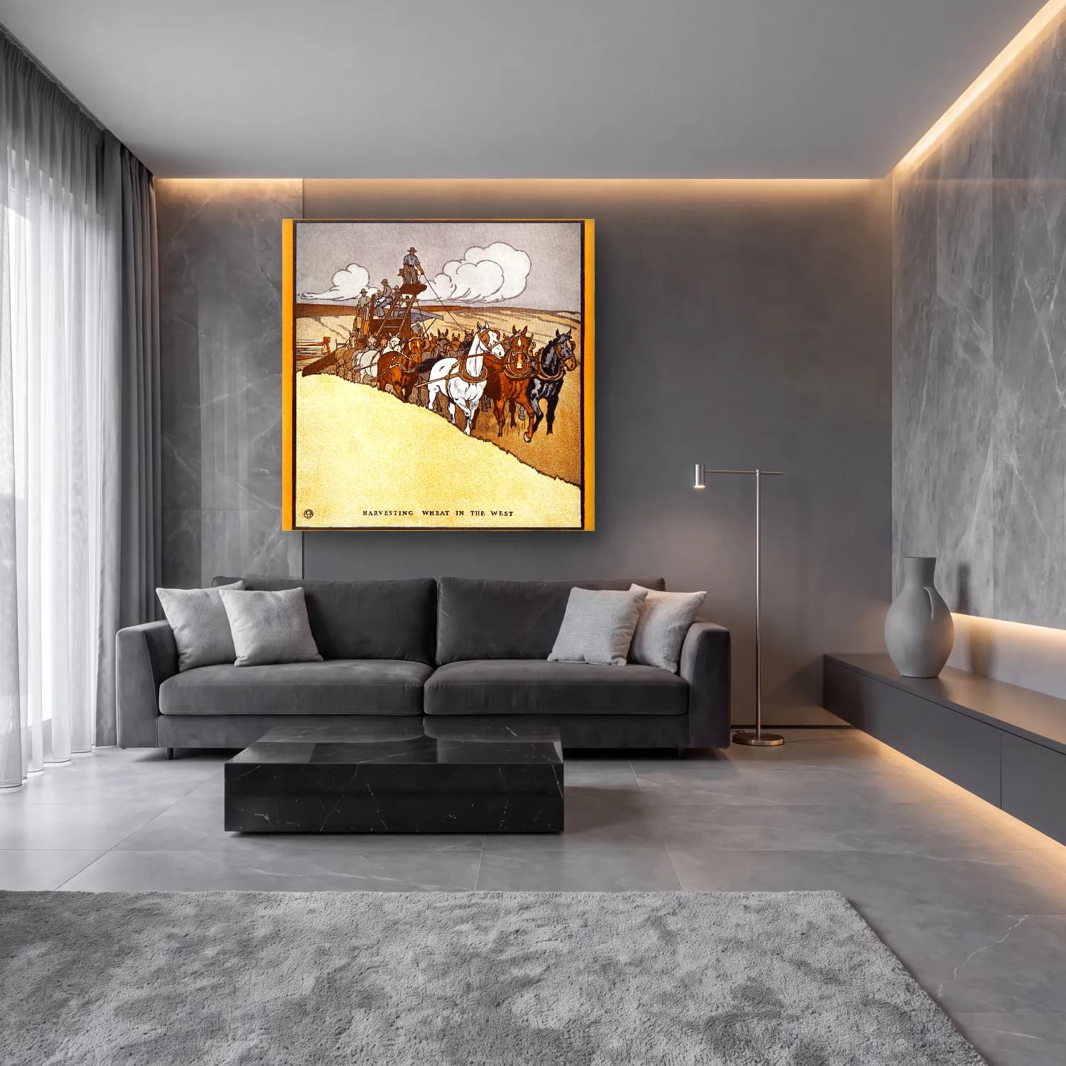 Edward Penfield – Harvesting Wheat in the West cam tablo — lüks salon duvarında