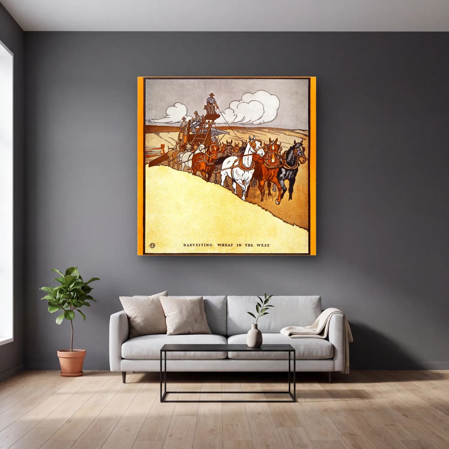 Edward Penfield – Harvesting Wheat in the West cam tablo — gri duvarlı salonda