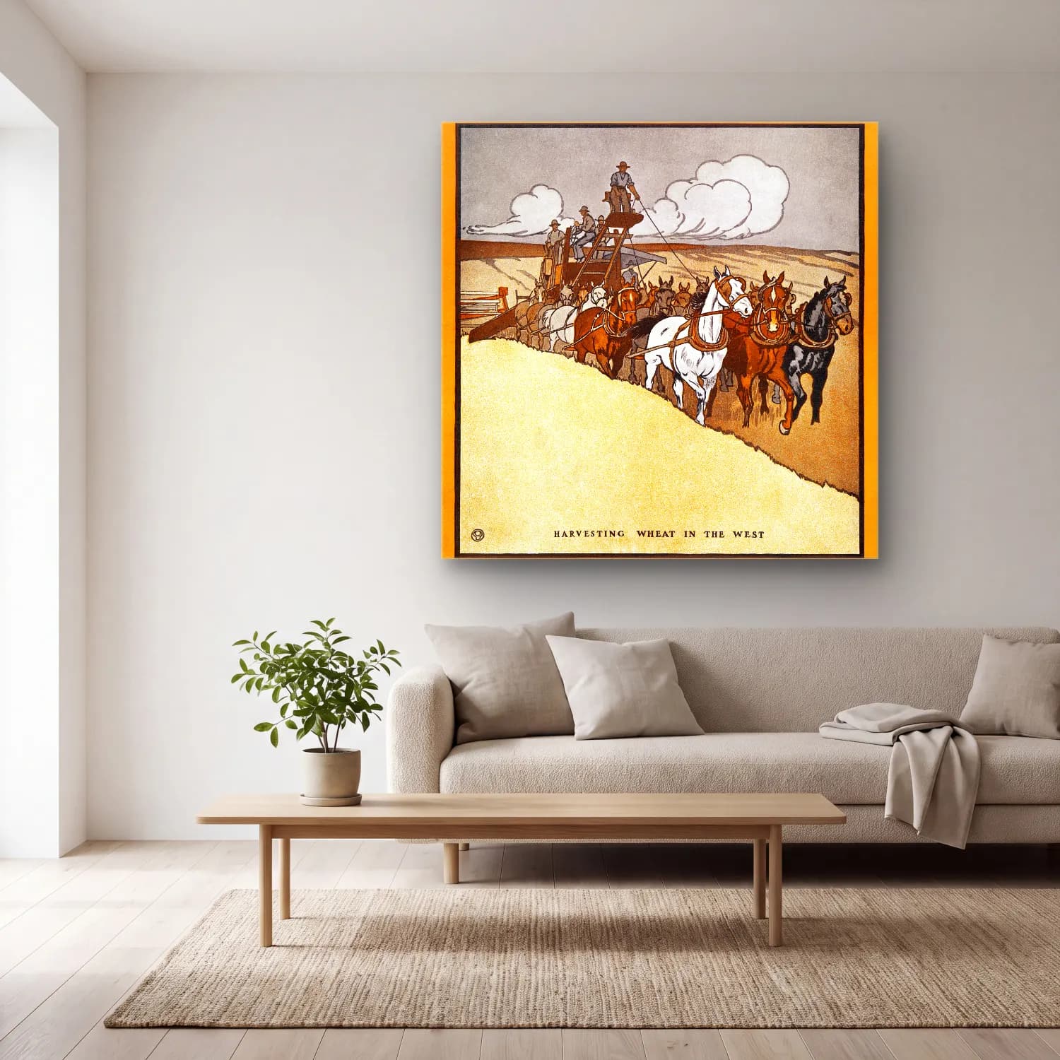 Edward Penfield – Harvesting Wheat in the West cam tablo — açık renk salonda