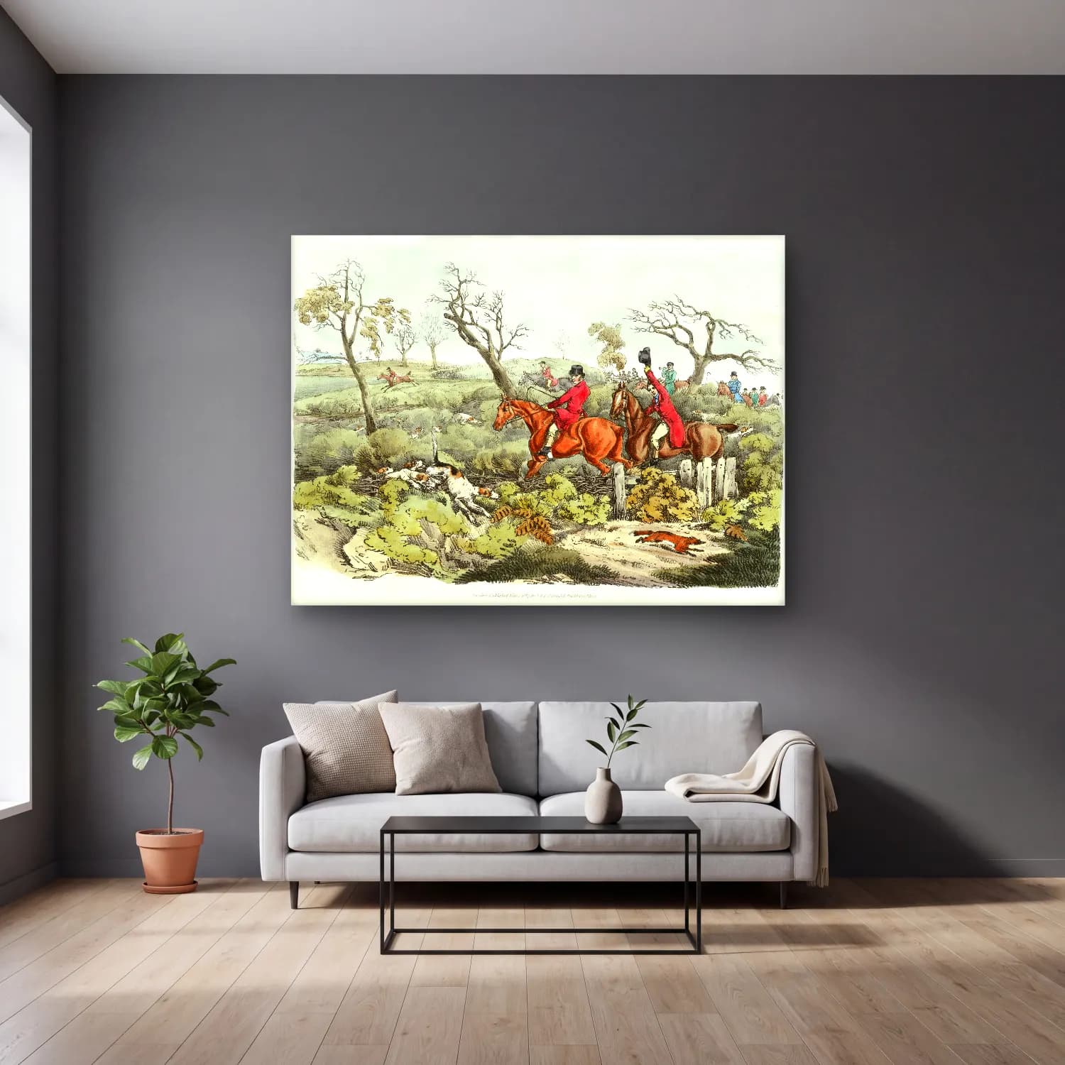 Henry Alken – Illustration of fox hunting from Sporting Sketches cam tablo — gri duvarlı salonda