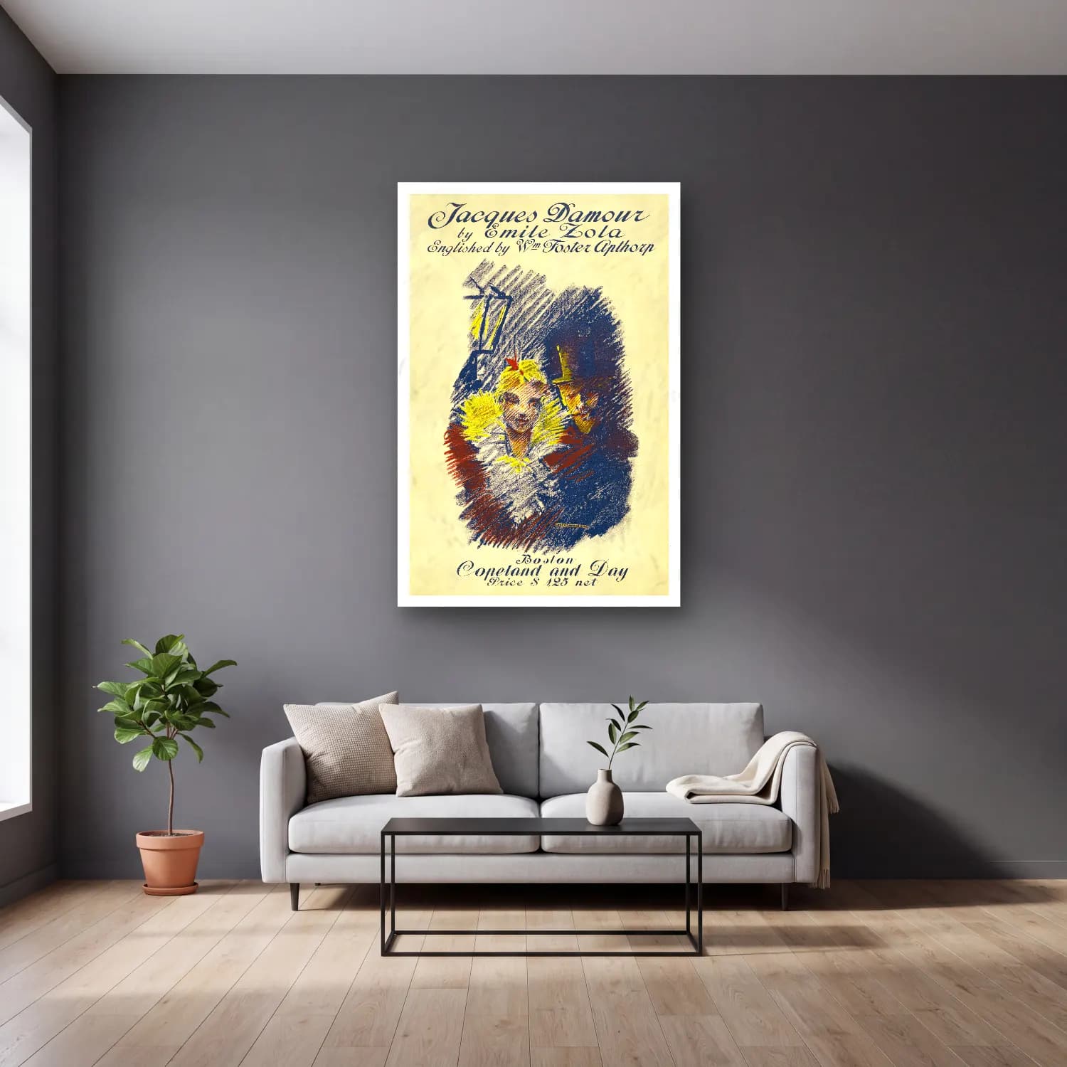 Ethel Reed – Jacques Damour poster of a man and a woman cam tablo — gri duvarlı salonda