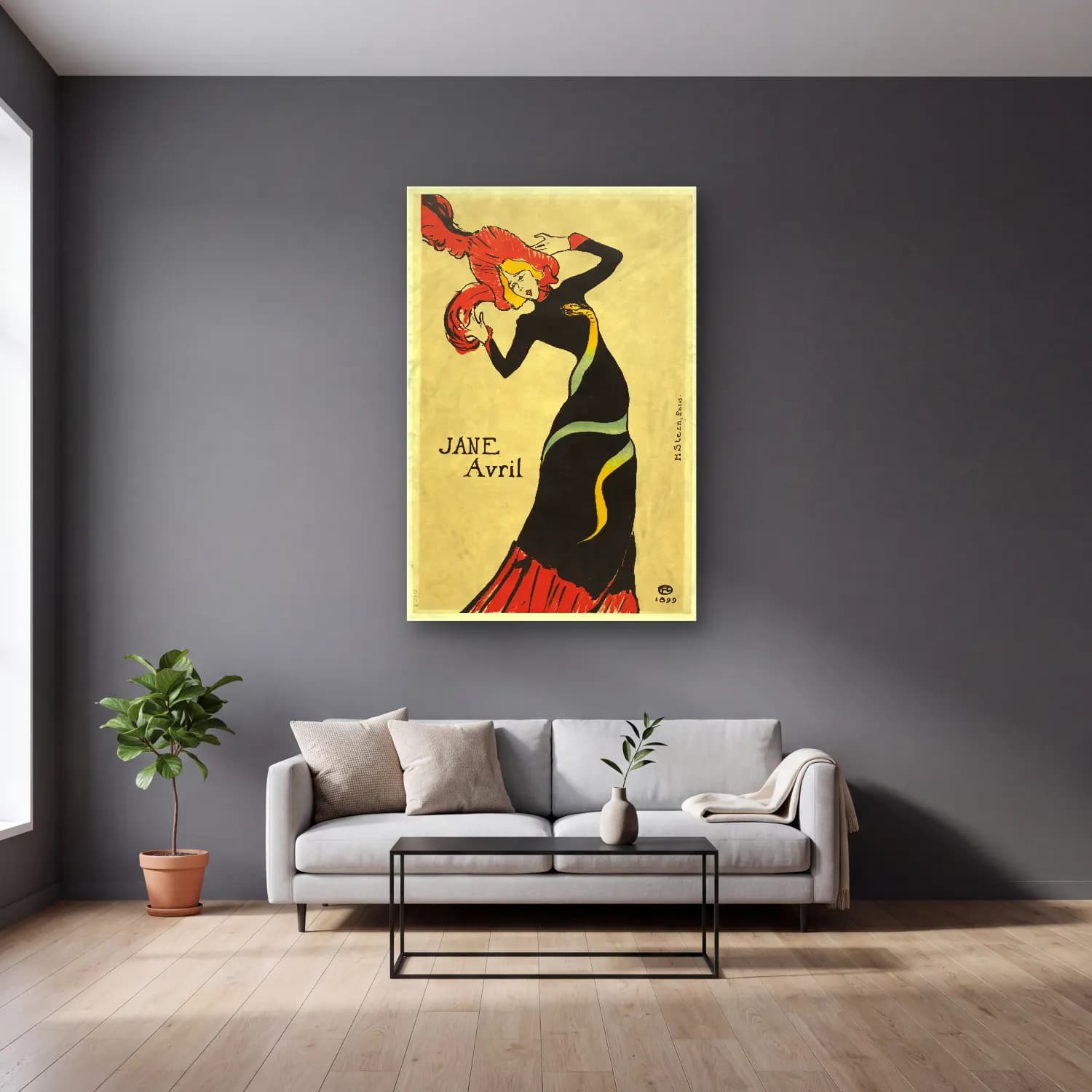 Vintage Poster Elbiseli Kadın No. 56 cam tablo — gri duvarlı salonda