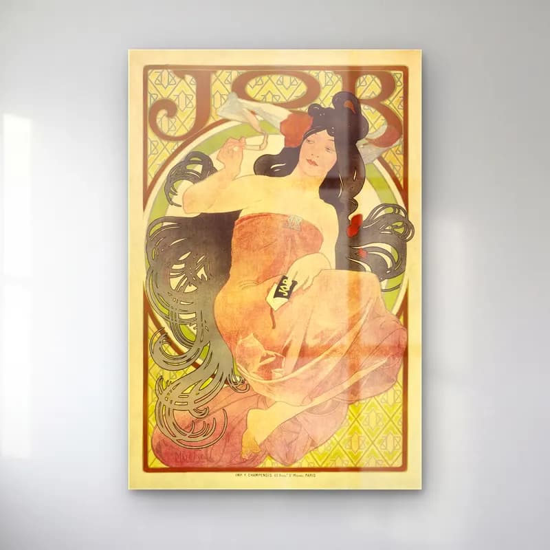 Alphonse Mucha – Job – Bej Tonlar cam tablo — Alphonse Mucha – Job – Bej Tonlar — vintage poster elbiseli kadın