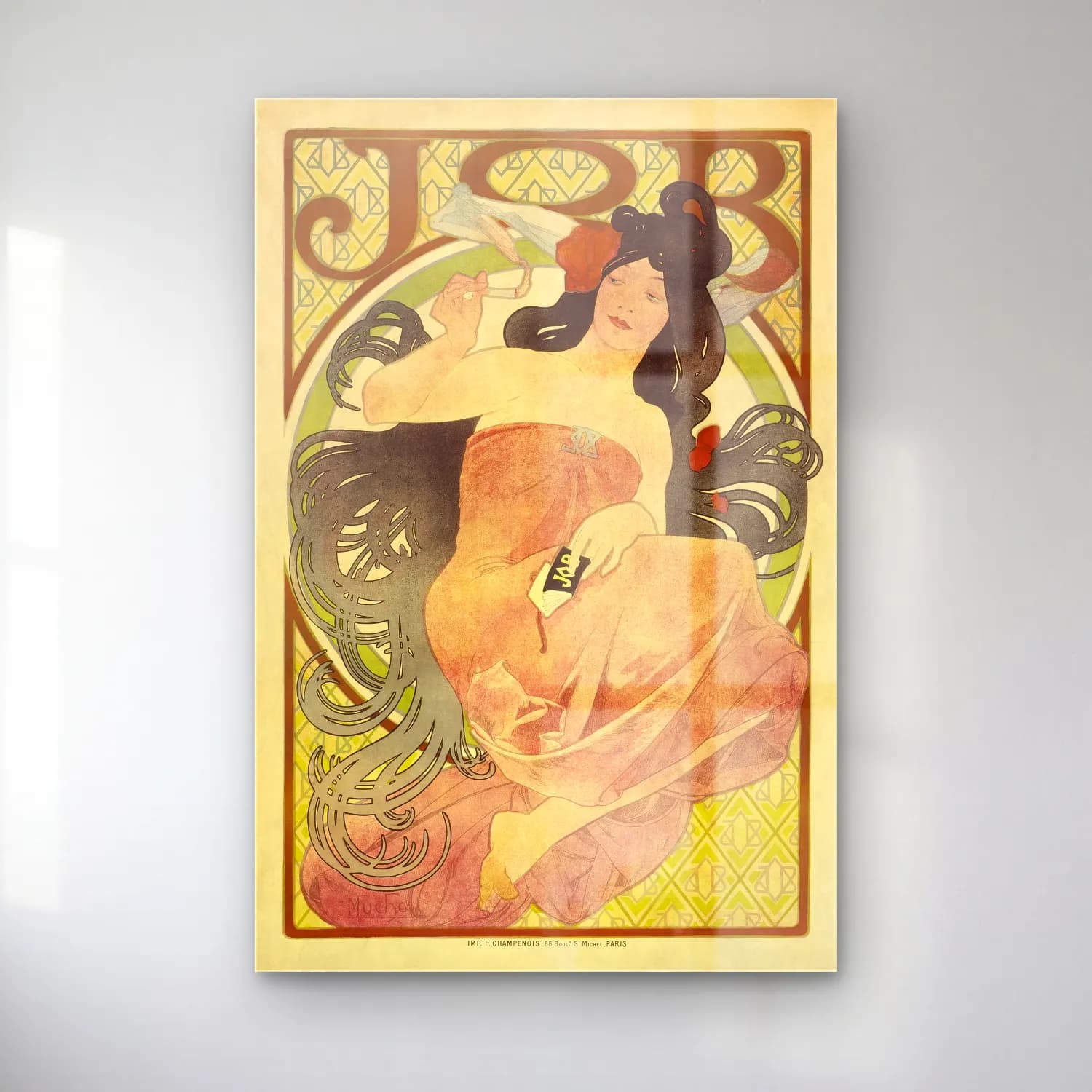 Alphonse Mucha – Job – Bej Tonlar cam tablo — Alphonse Mucha – Job – Bej Tonlar — vintage poster elbiseli kadın