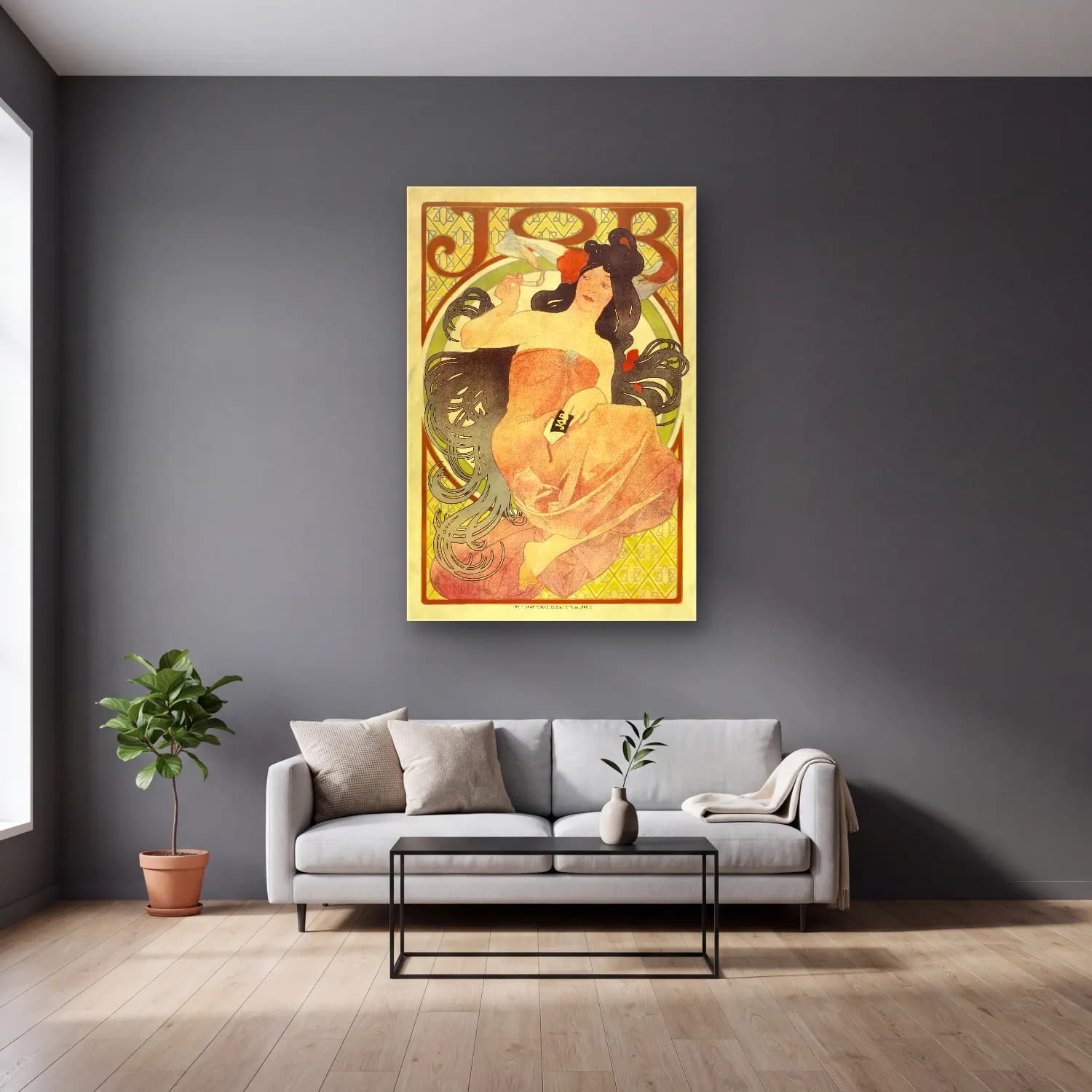 Alphonse Mucha – Job – Bej Tonlar cam tablo — gri duvarlı salonda