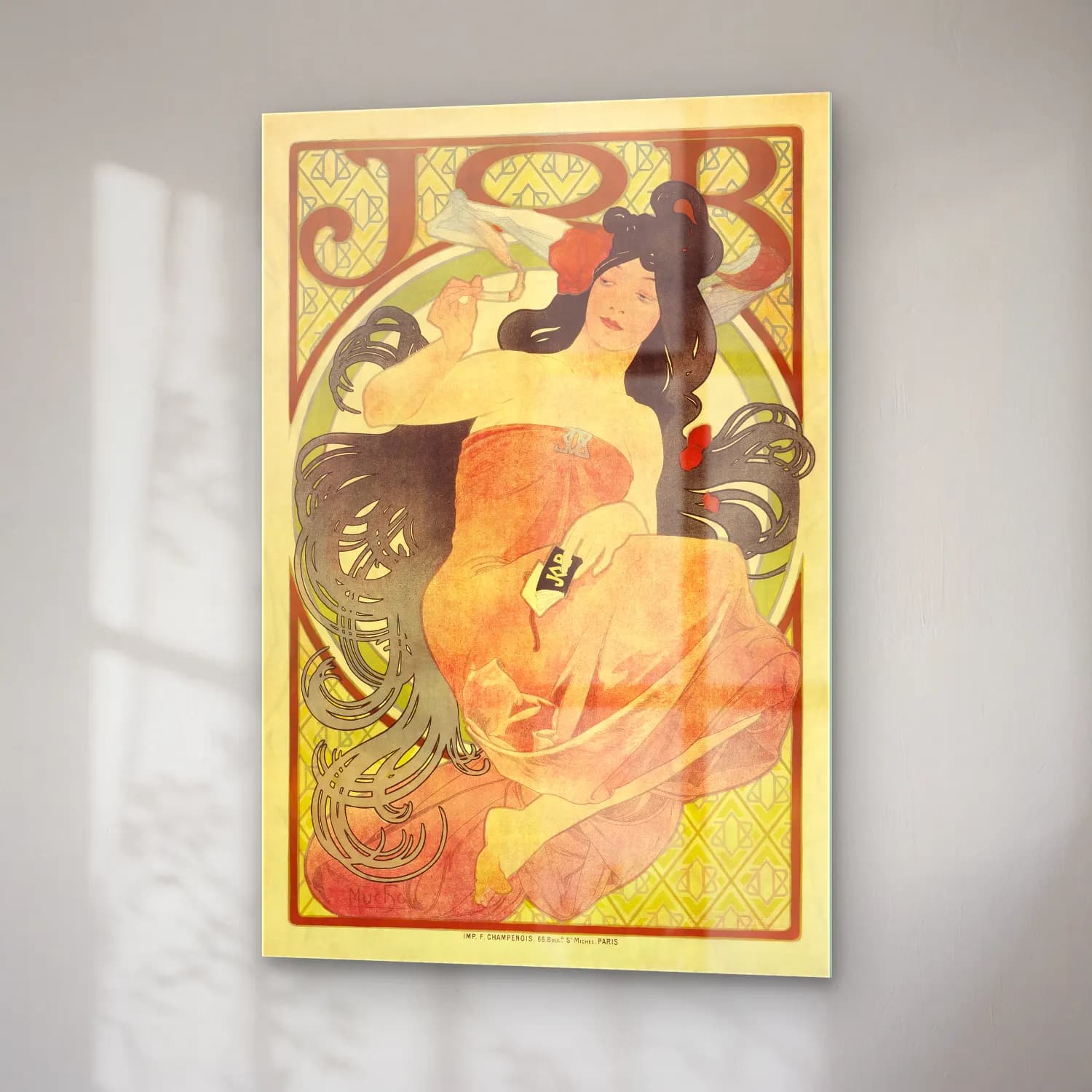 Alphonse Mucha – Job – Bej Tonlar cam tablo — sağ açıdan görünüm
