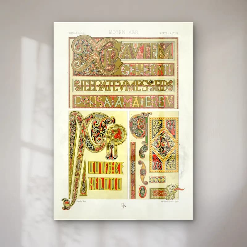 Albert Racine – Middle-Ages pattern – Bej Tonlar cam tablo — Albert Racine – Middle-Ages pattern – Bej Tonlar — vintage harf posteri