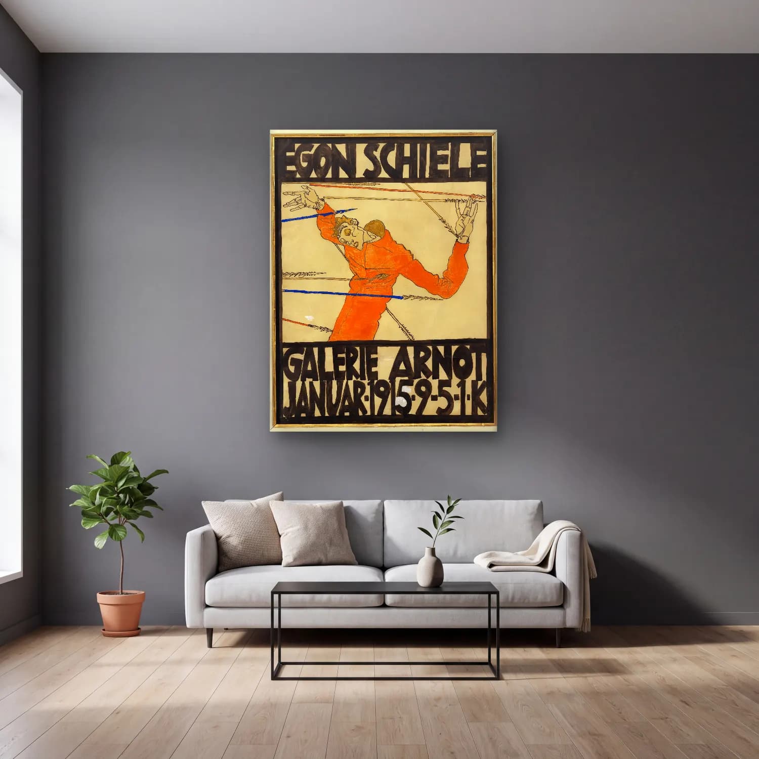 Egon Schiele – Plakat der Egon Schiele-Ausstellung in der Galerie Arnot cam tablo — gri duvarlı salonda
