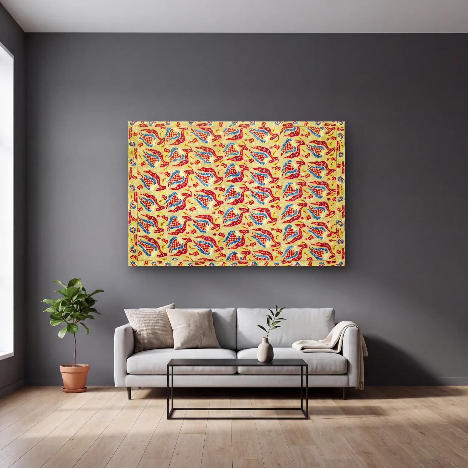 Boho Çiçek Deseni No. 112 cam tablo — gri duvarlı salonda