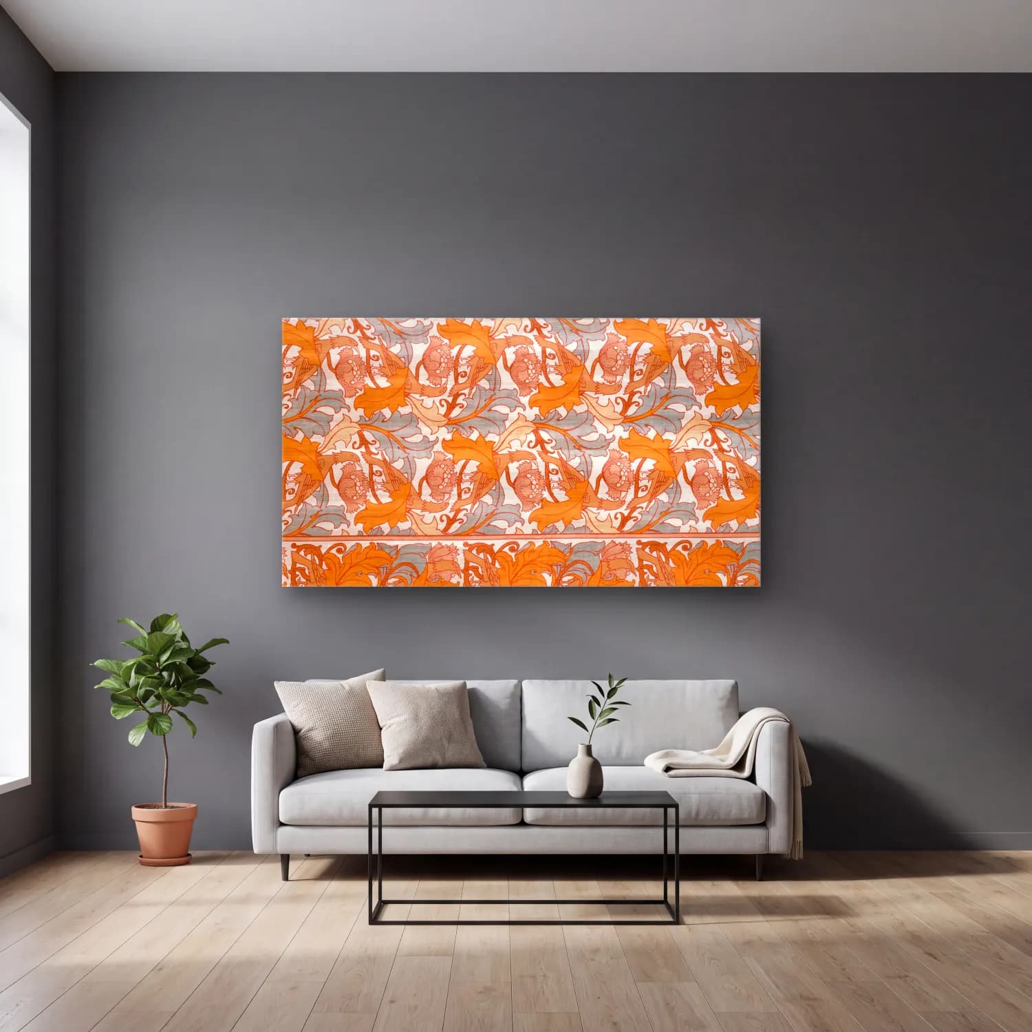 Boho Çiçek Deseni No. 110 cam tablo — gri duvarlı salonda