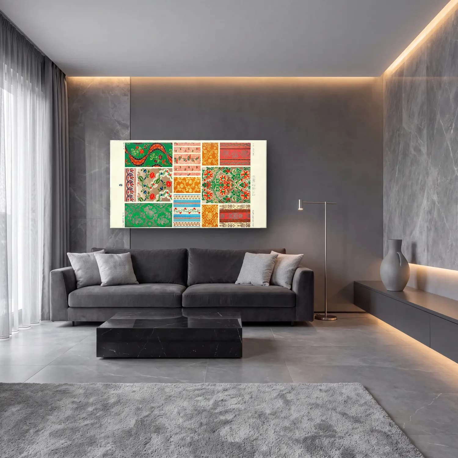 Maksimalist Çiçek Deseni No. 91 cam tablo — lüks salon duvarında
