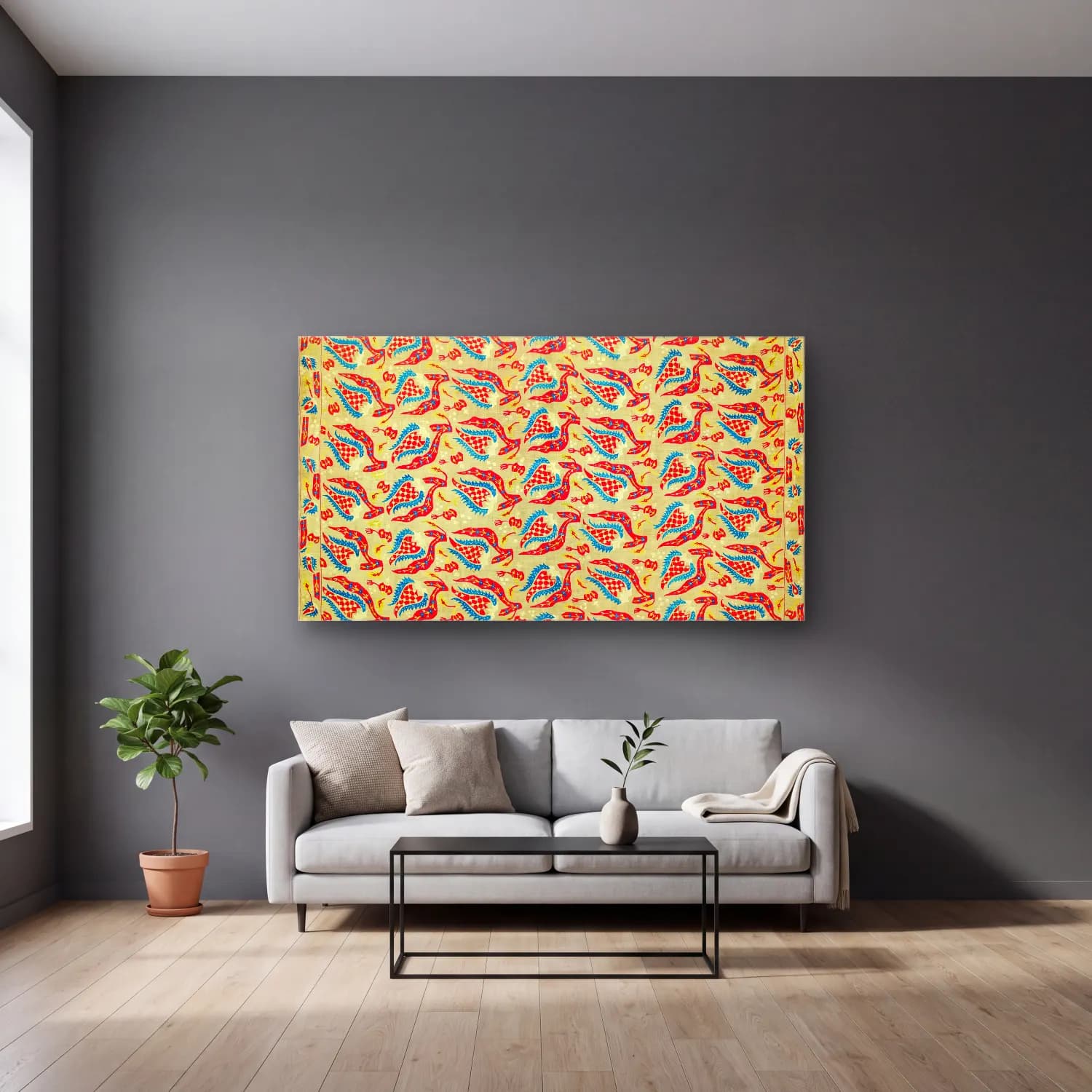 Boho Çiçek Deseni No. 111 cam tablo — gri duvarlı salonda