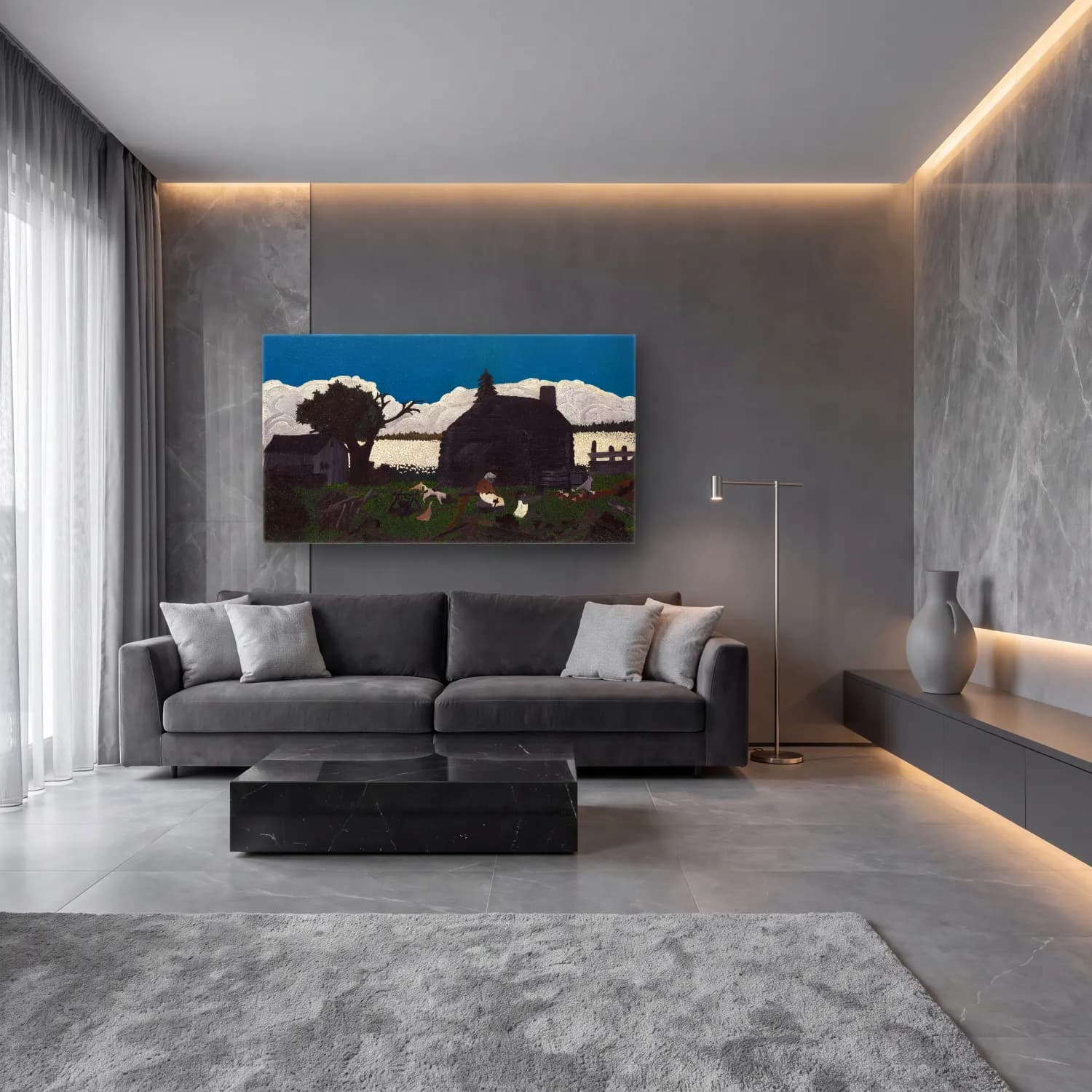 Yağlı Boya Kır Evi – Siyah Beyaz Tonlar cam tablo — lüks salon duvarında