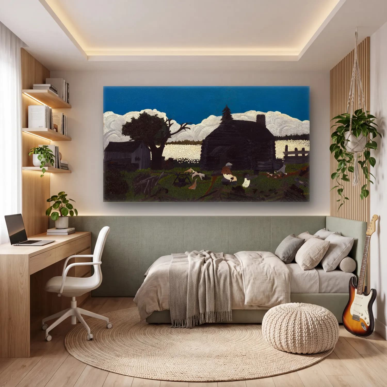 Yağlı Boya Kır Evi – Siyah Beyaz Tonlar cam tablo — genç odasında