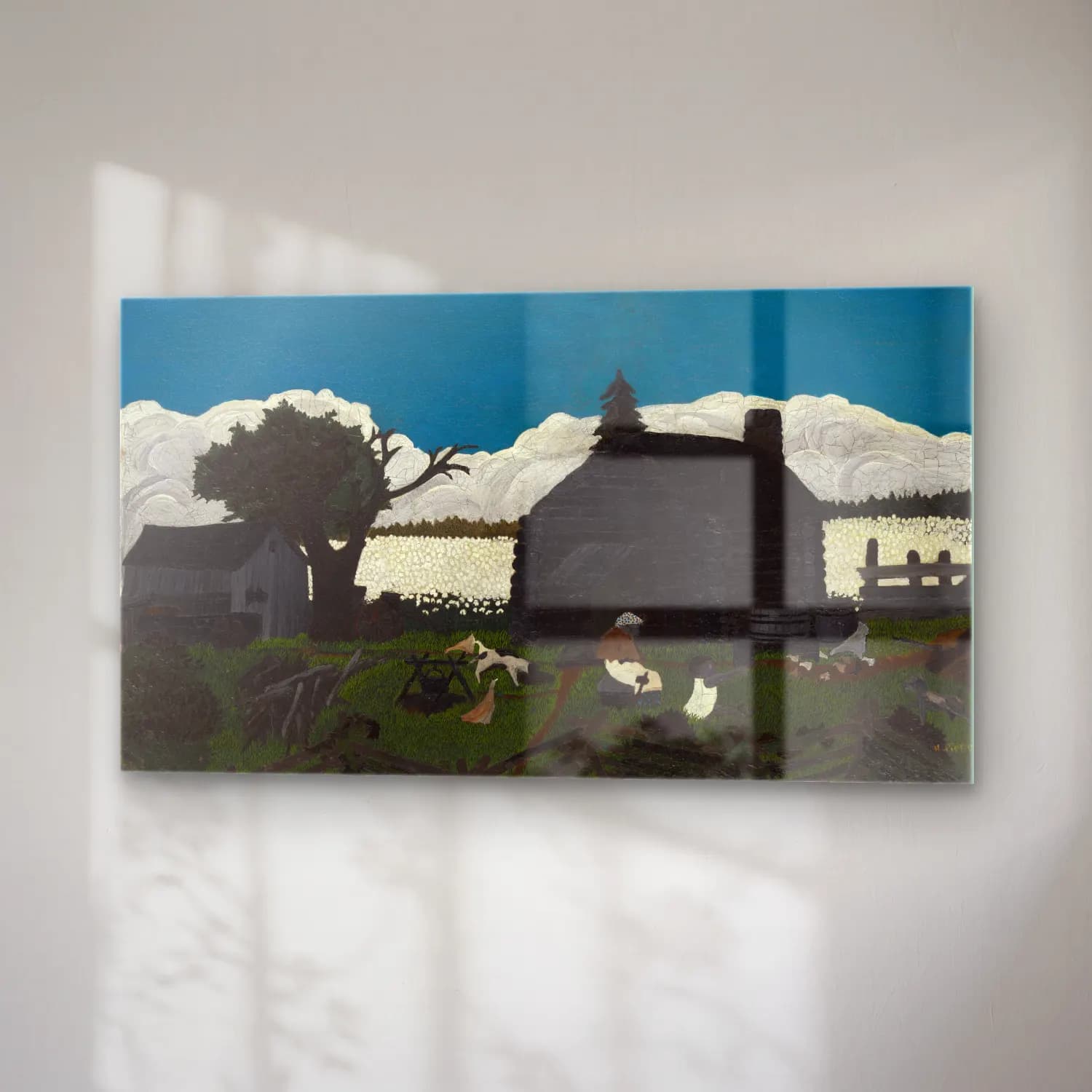 Yağlı Boya Kır Evi – Siyah Beyaz Tonlar cam tablo — sağ açıdan görünüm