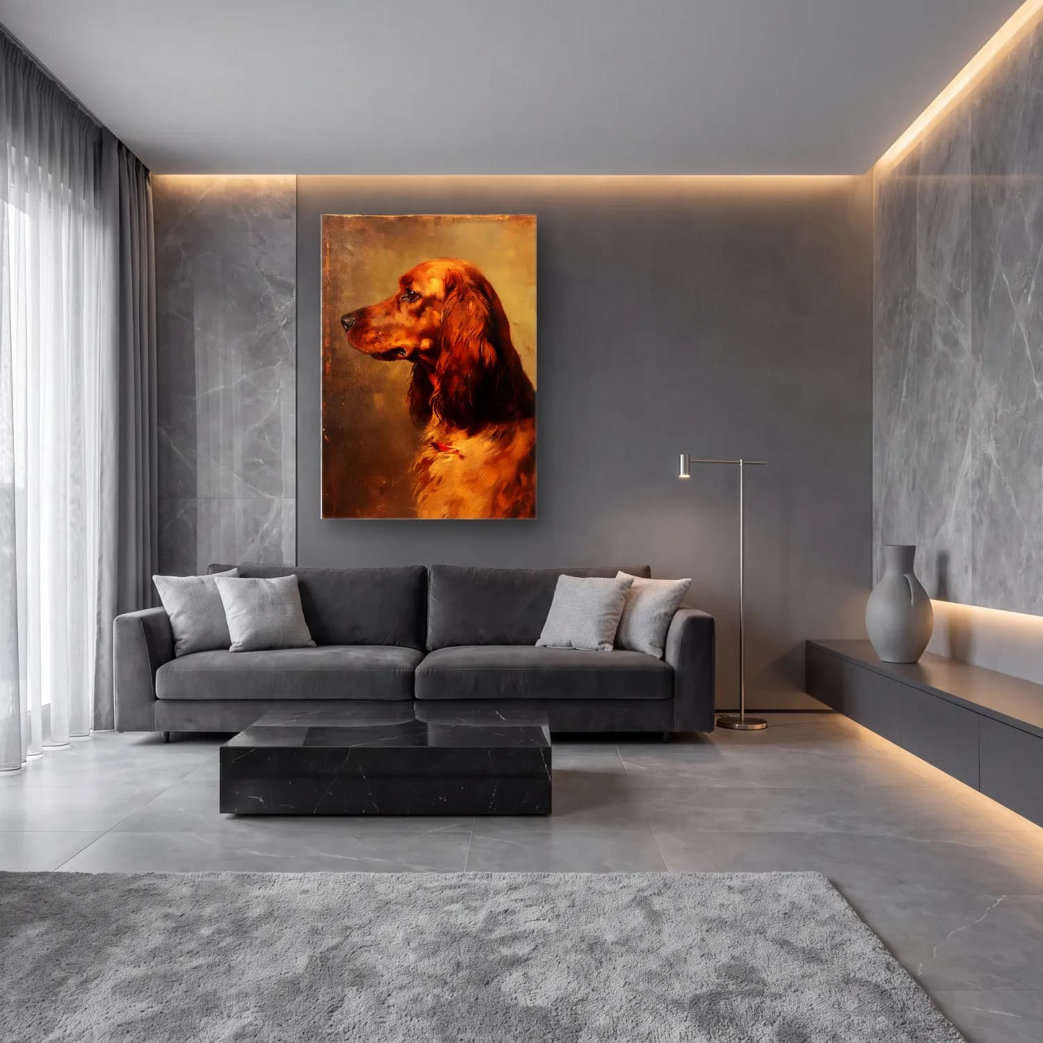 Yağlı Boya Köpek No. 27 cam tablo — lüks salon duvarında