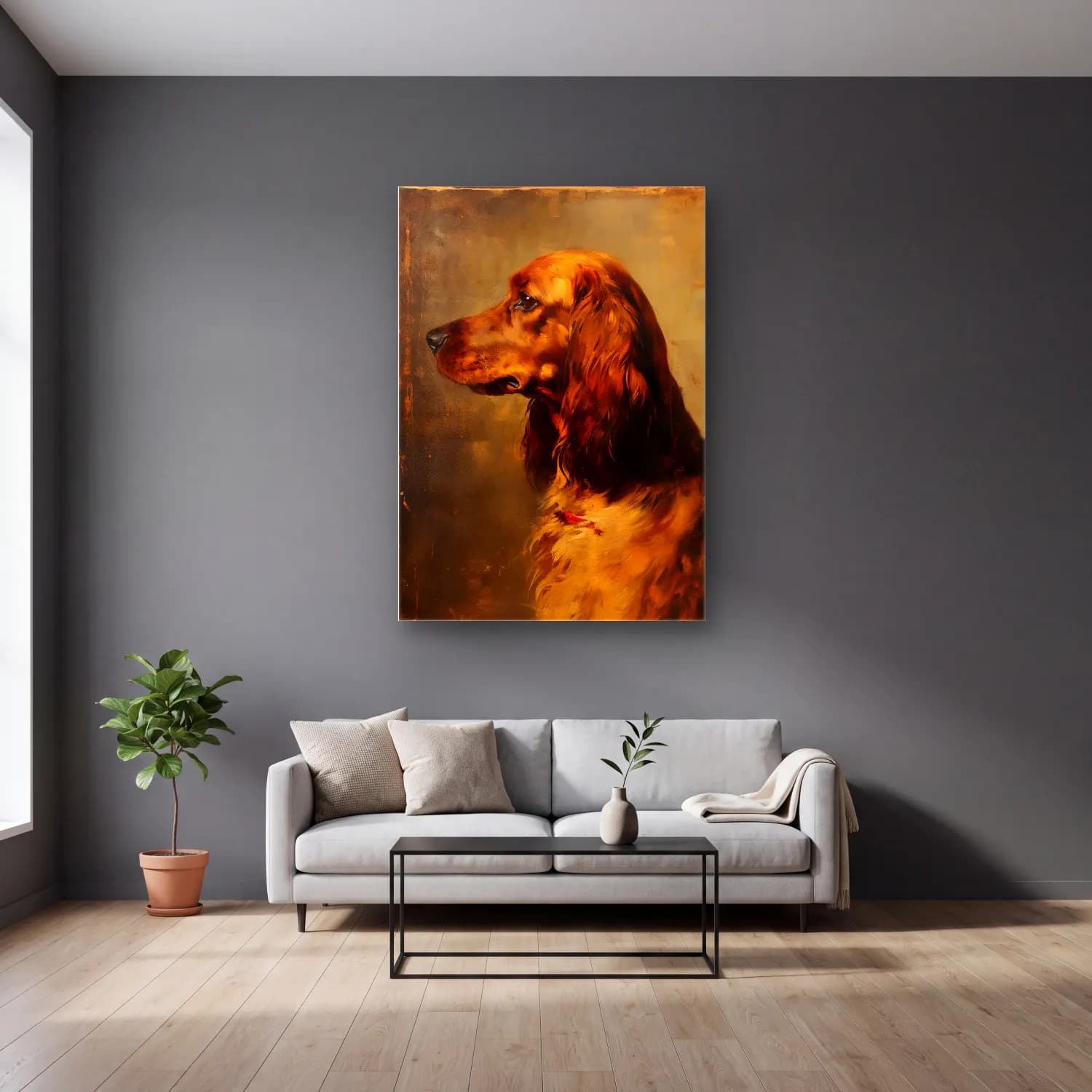 Yağlı Boya Köpek No. 27 cam tablo — gri duvarlı salonda