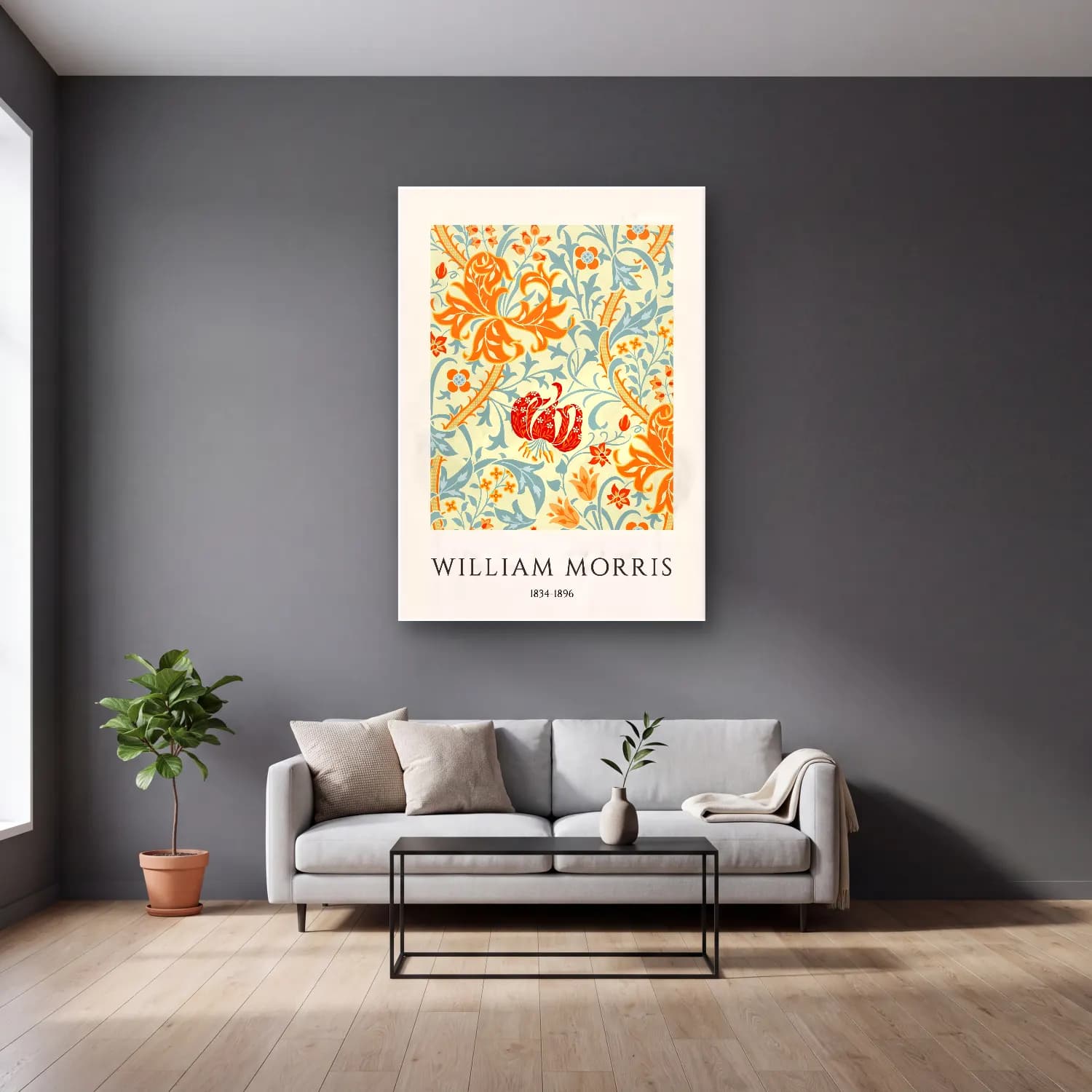 Boho Çiçek Deseni No. 113 cam tablo — gri duvarlı salonda