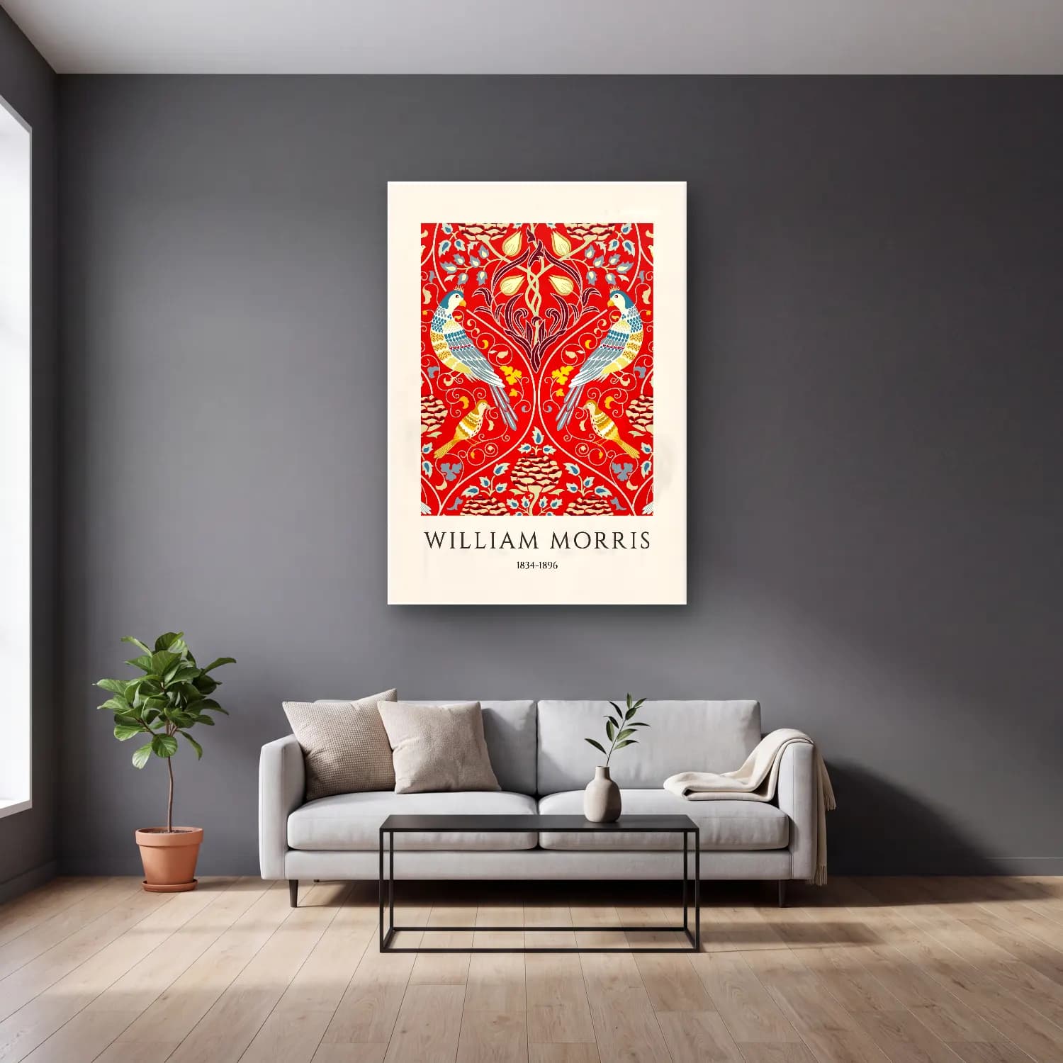 Maksimalist Çiçek Deseni No. 96 cam tablo — gri duvarlı salonda