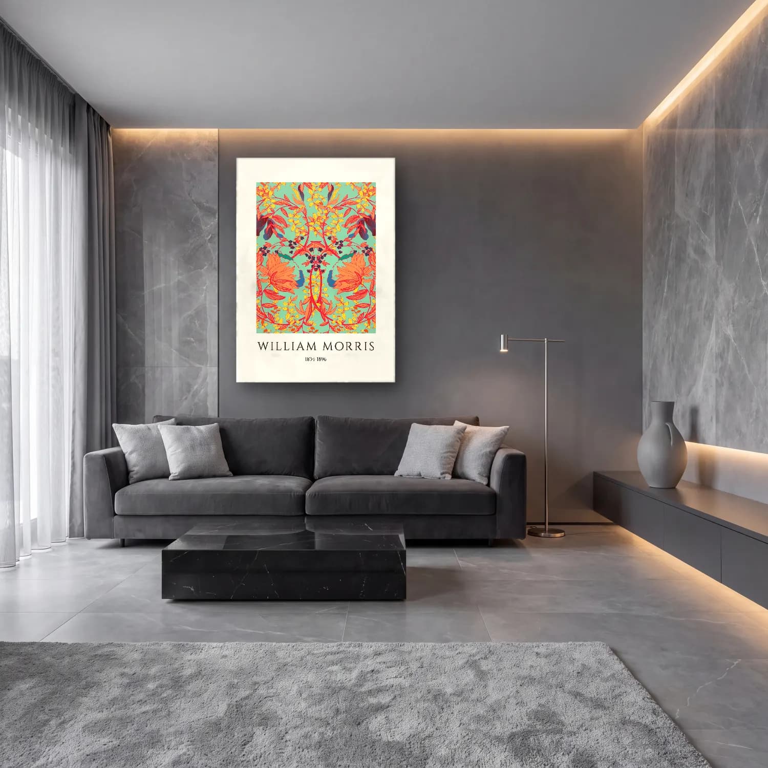 Maksimalist Çiçek Deseni No. 97 cam tablo — lüks salon duvarında