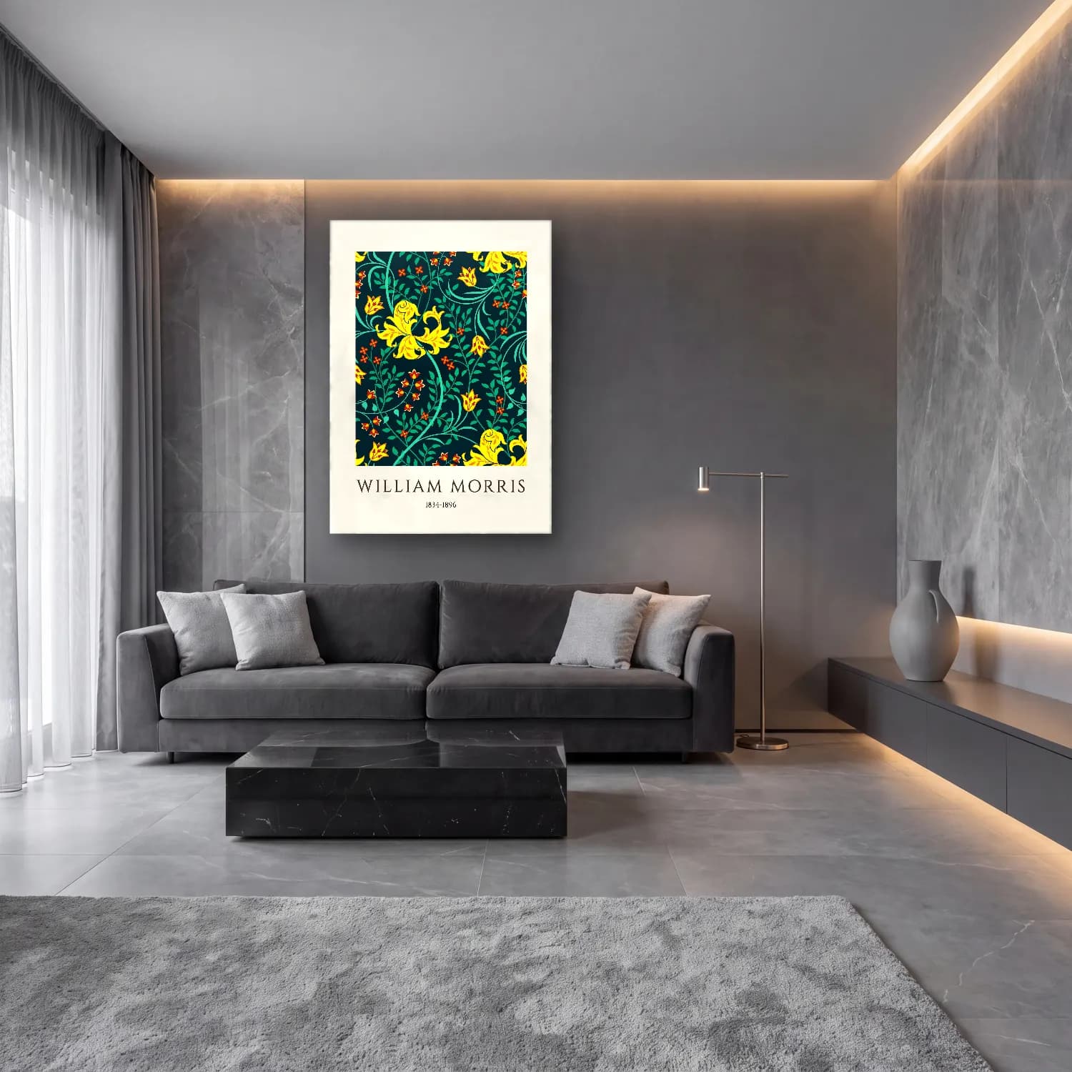 Maksimalist Çiçek Deseni No. 98 cam tablo — lüks salon duvarında