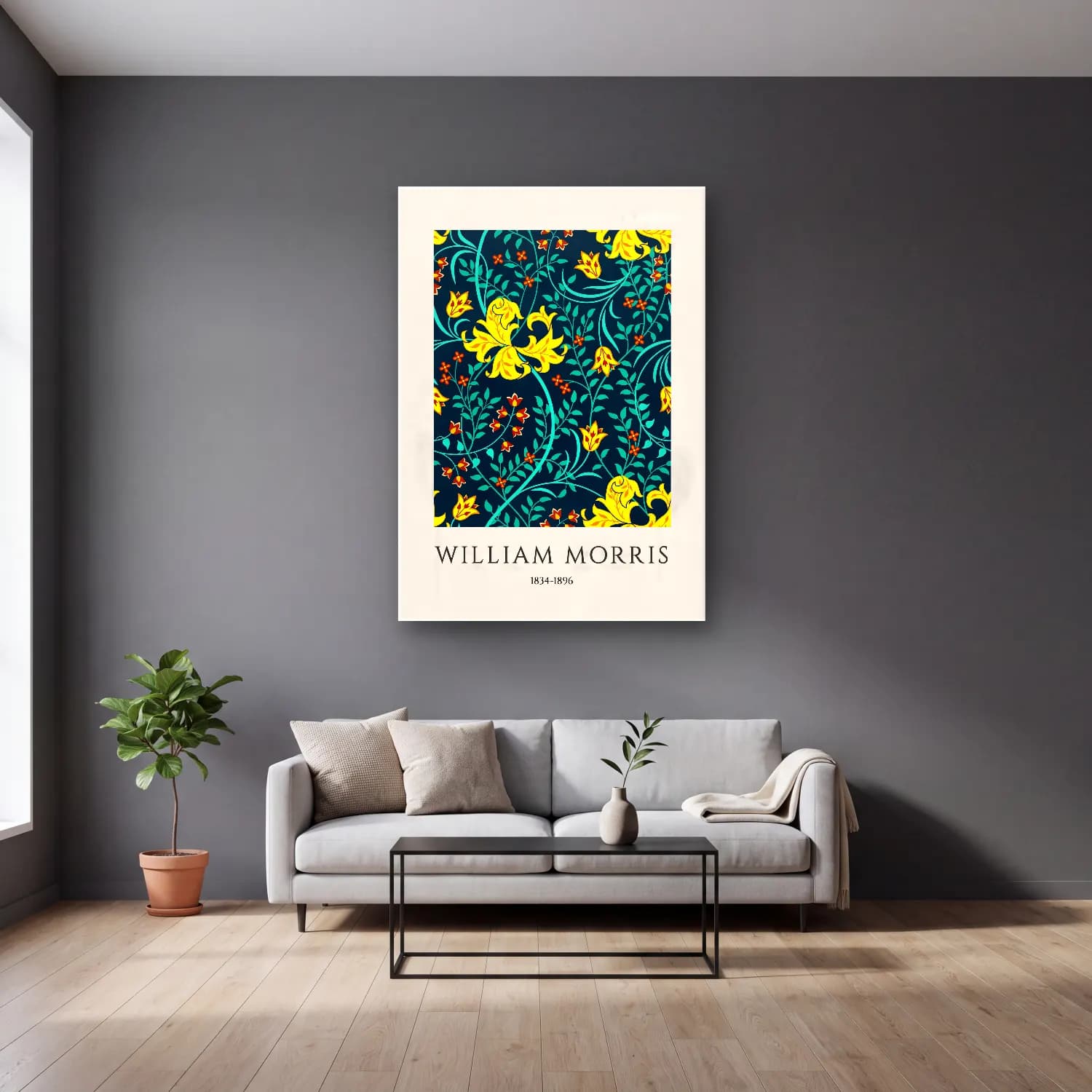 Maksimalist Çiçek Deseni No. 98 cam tablo — gri duvarlı salonda