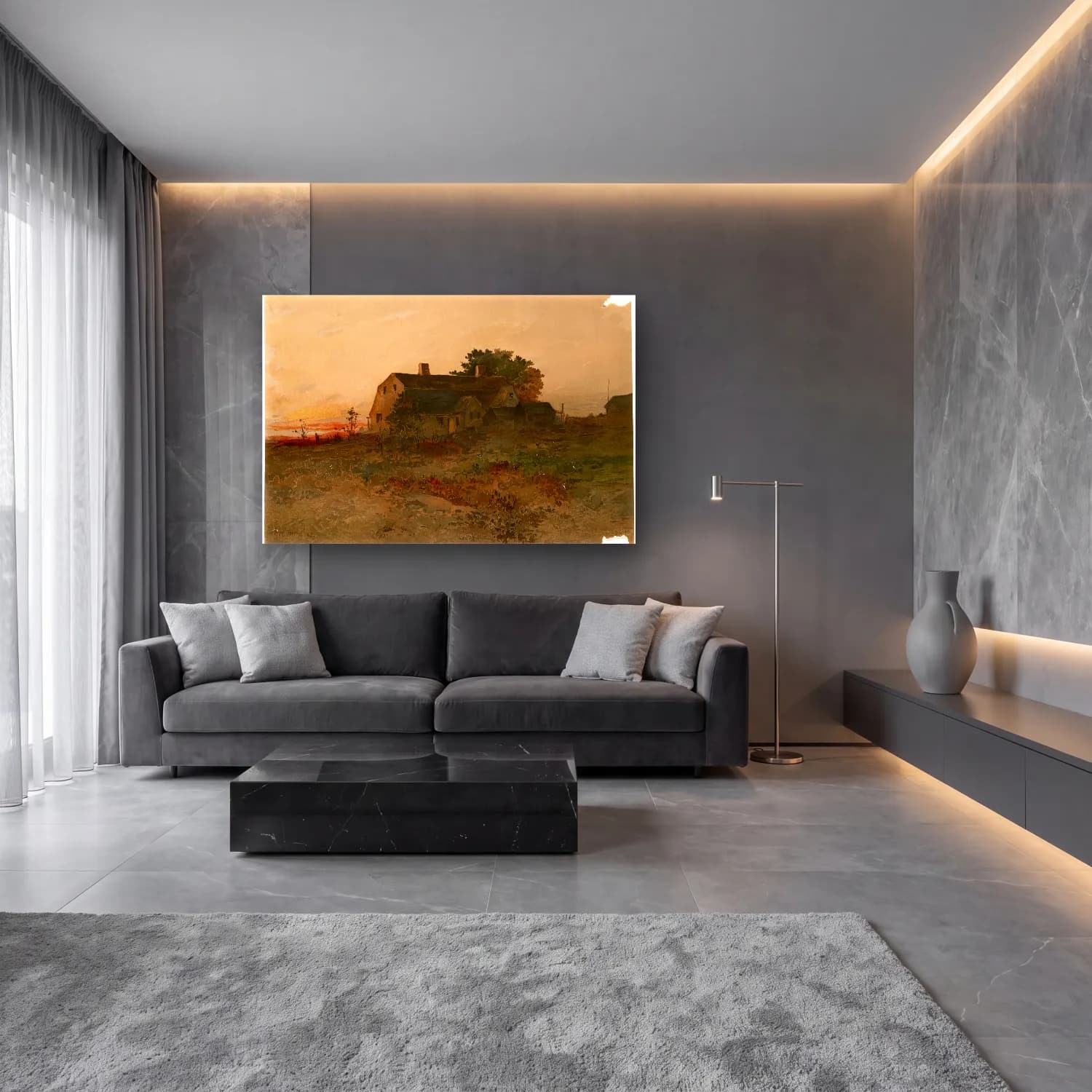 Suluboya Kır Evi No. 38 cam tablo — lüks salon duvarında