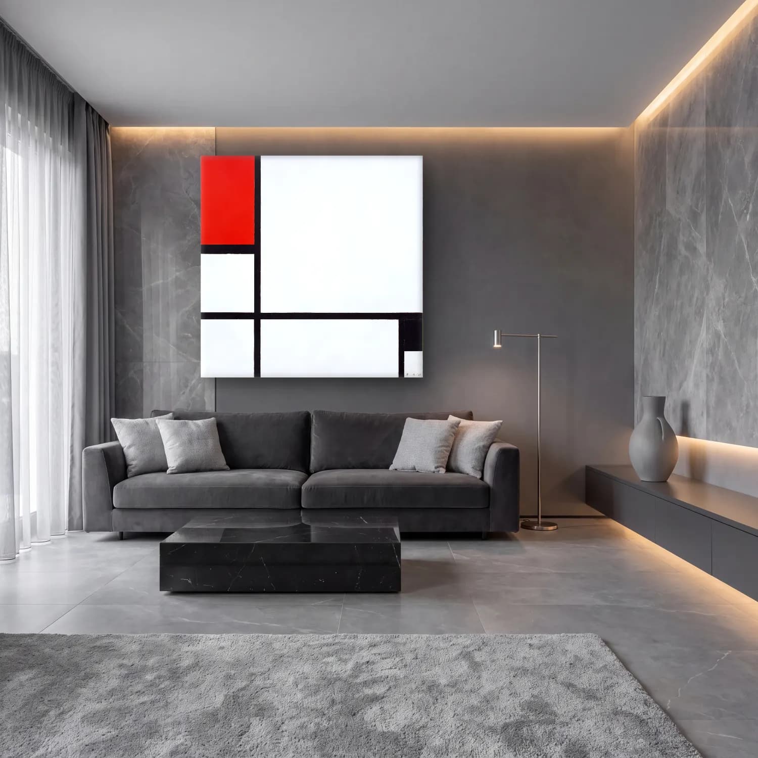 Piet Mondrian – Composition No. I, with red and black cam tablo — lüks salon duvarında