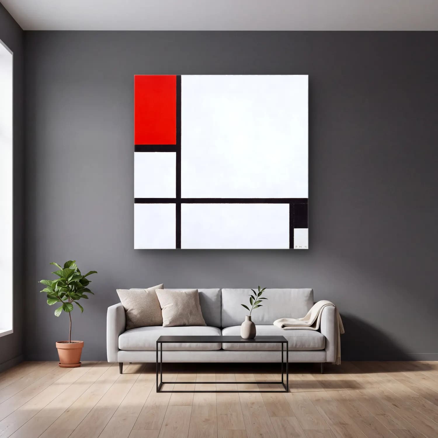 Piet Mondrian – Composition No. I, with red and black cam tablo — gri duvarlı salonda