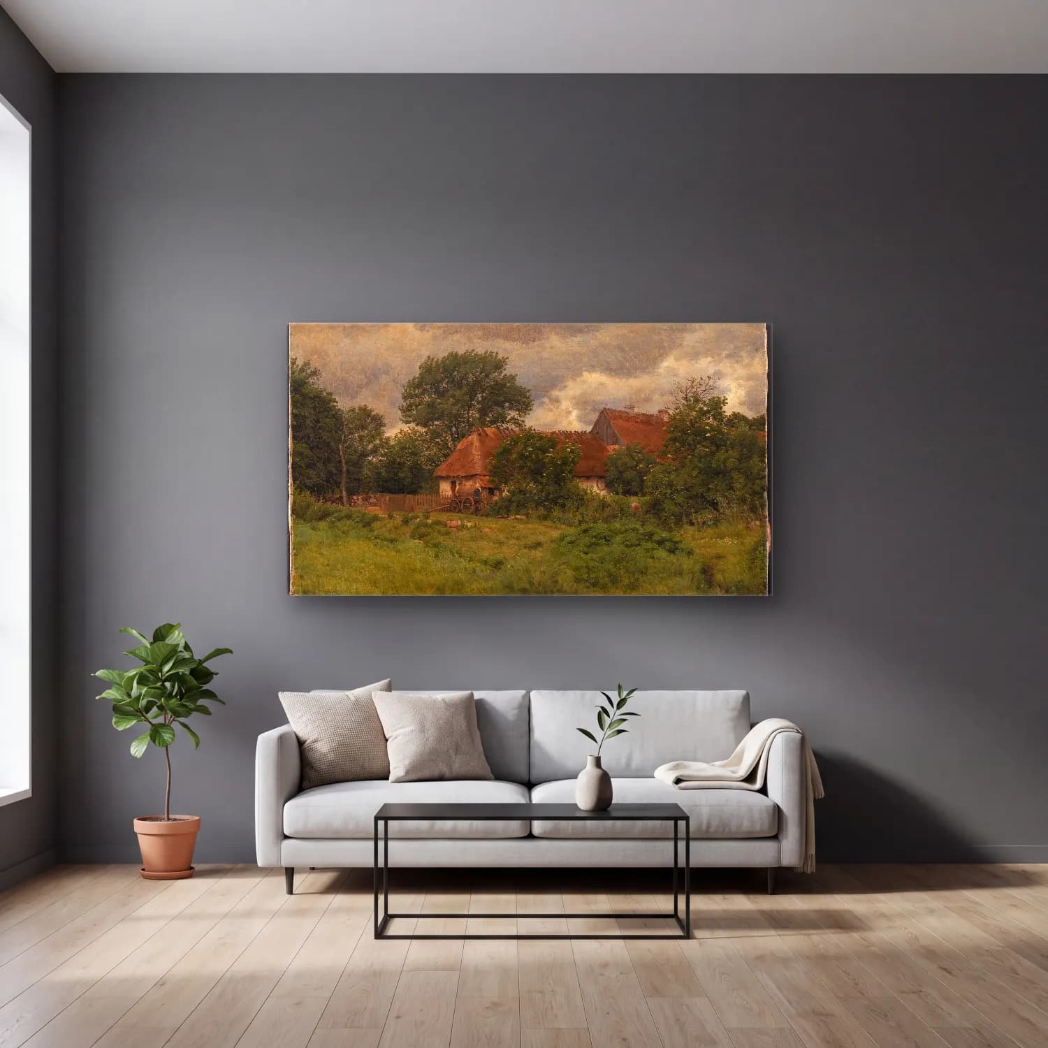 Yağlı Boya Kır Evi No. 27 cam tablo — gri duvarlı salonda