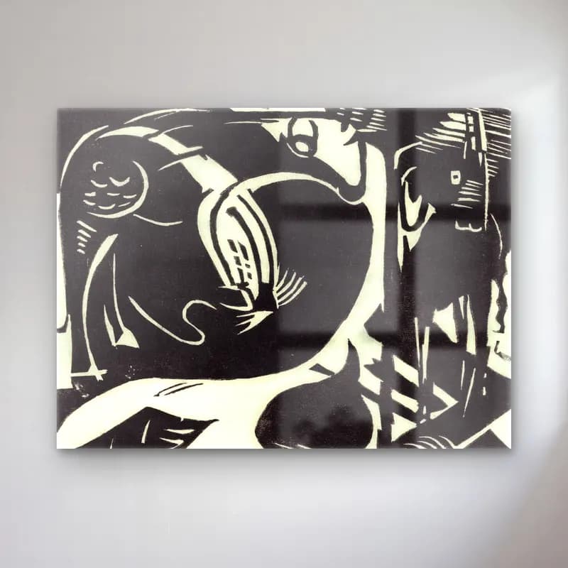 Franz Marc – Two Mythical Animals cam tablo — Franz Marc – Two Mythical Animals — siyah beyaz mitolojik sahne