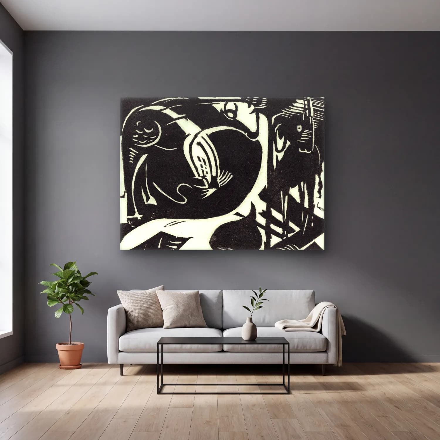 Franz Marc – Two Mythical Animals cam tablo — gri duvarlı salonda
