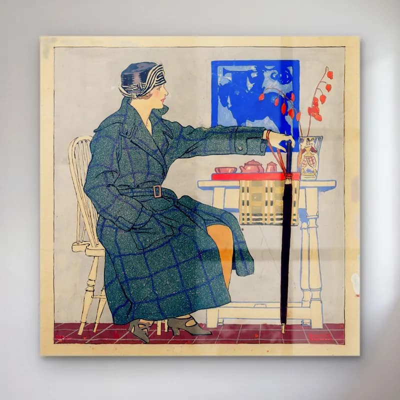 Edward Penfield – Young woman sitting beside table holding umbrella (between… cam tablo — Edward Penfield – Young woman sitting beside table holding umbrella (between… — vintage elbiseli kadın
